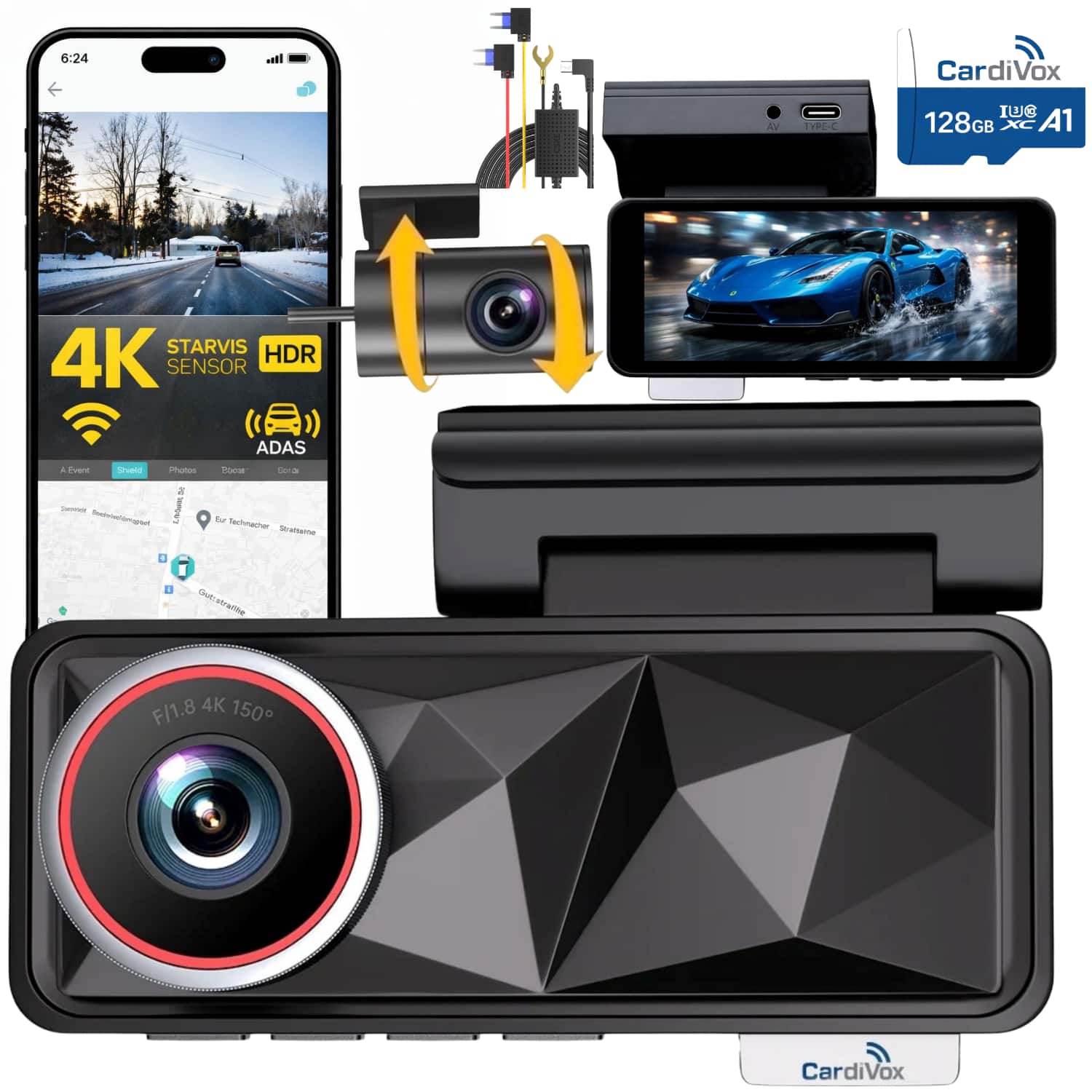 CardiVox - 4K Dual Dash Cam Front & 2k Rear, STARVIS Night Vision dash camera, WiFi GPS, Parking Mode, 128GB Included