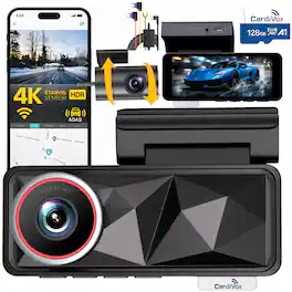 CardiVox - 4K Dual Dash Cam Front & 2k Rear, STARVIS Night Vision dash camera, WiFi GPS, Parking Mode, 128GB Included