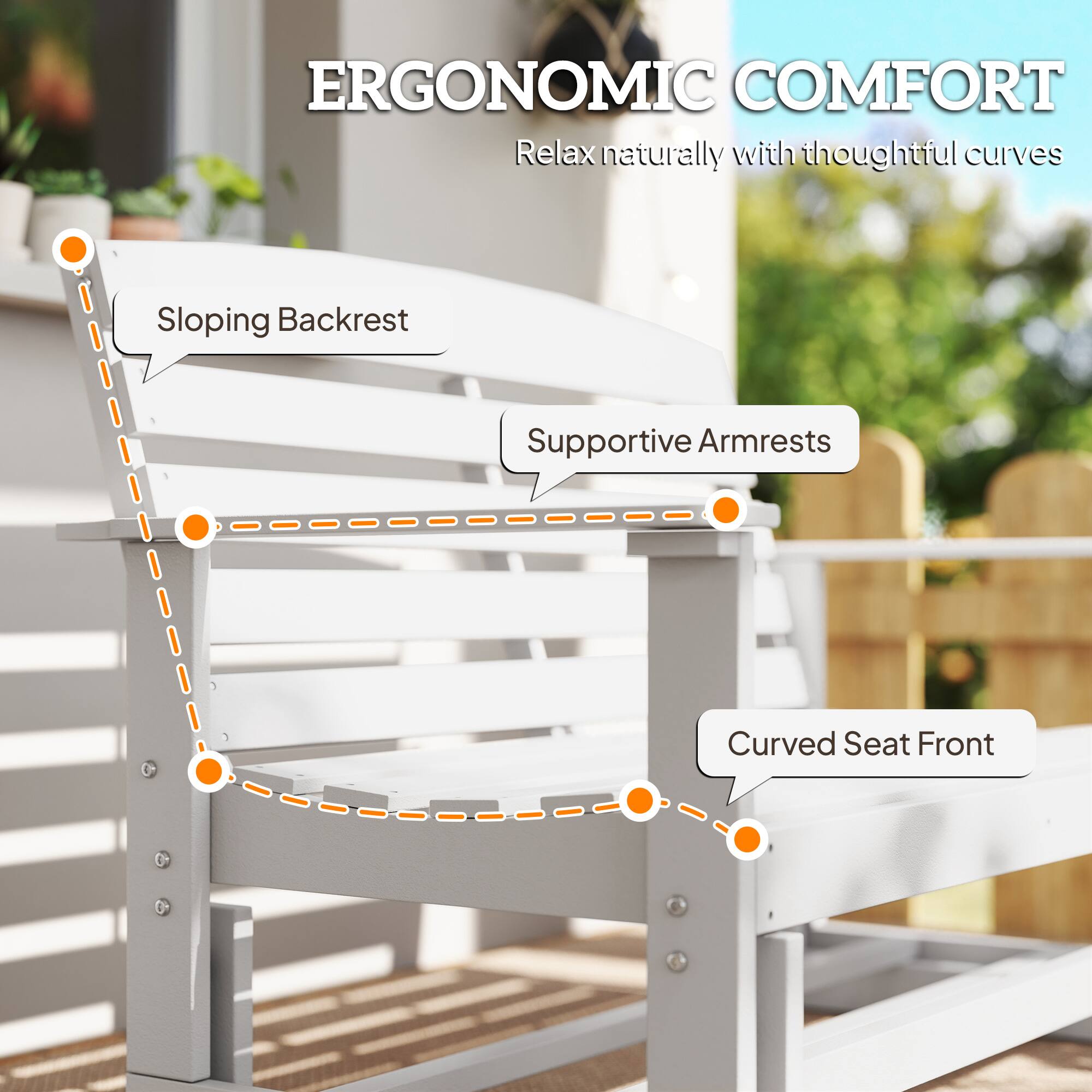 ERGONOMIC COMFORT  
Relax naturally with thoughtful curves

- Sloping Backrest
- Supportive Armrests
- Curved Seat Front