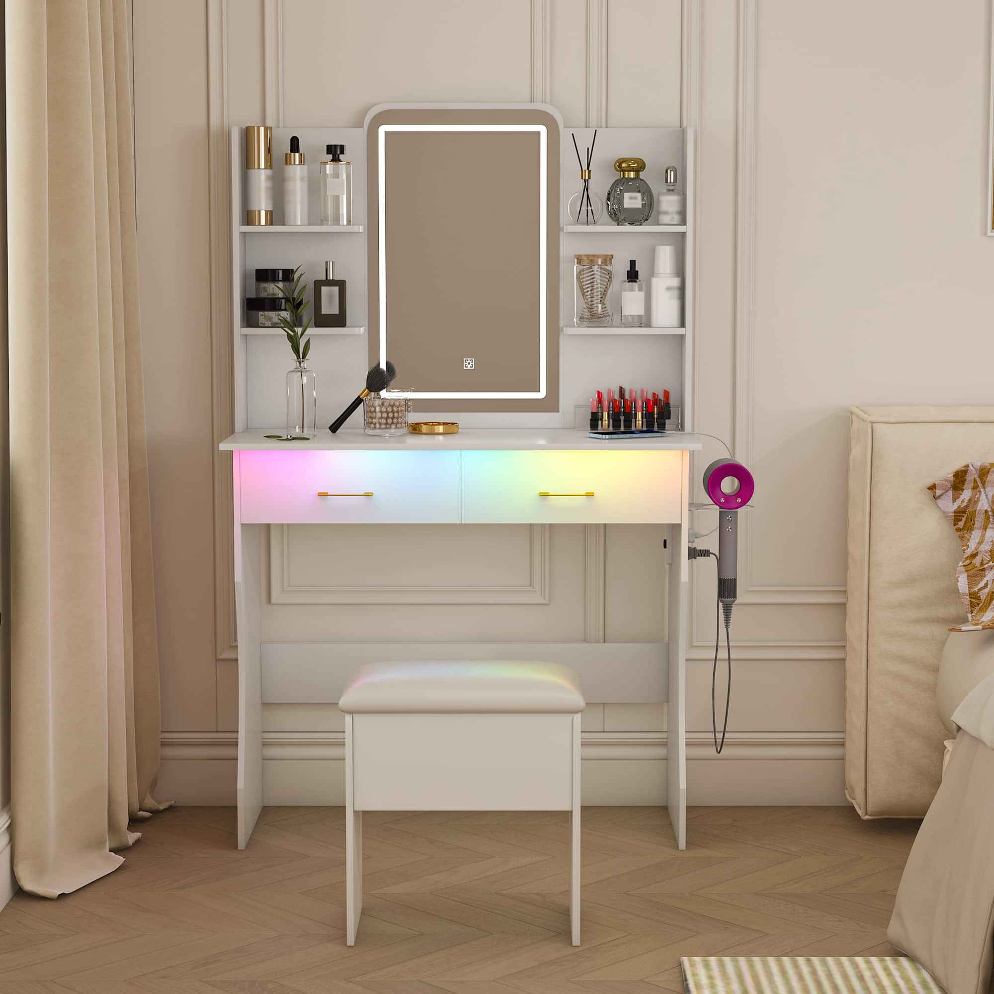 PexFix - Vanity Set with LED Mirror, RGB Lights, Power Outlet & Storage Drawers - White