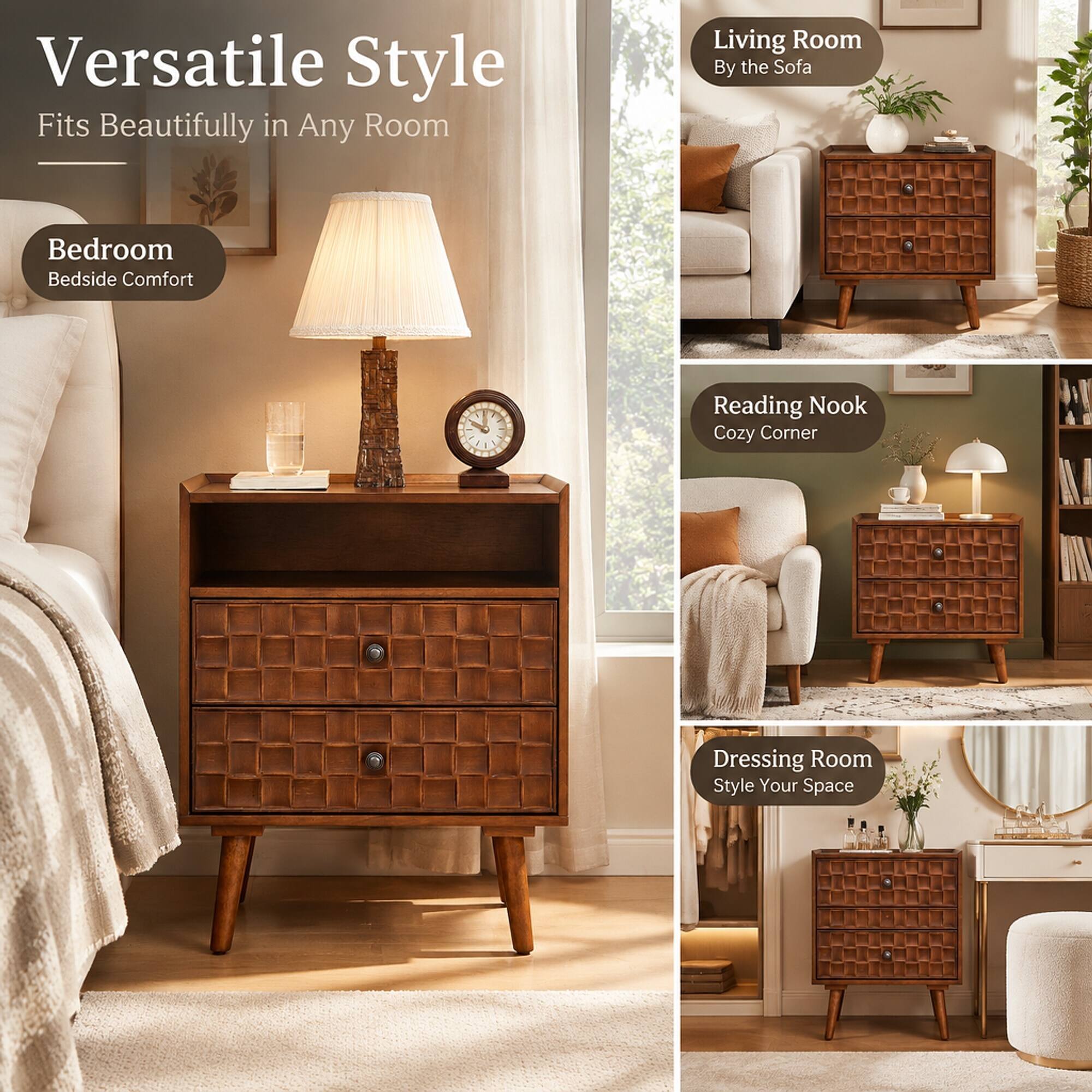 Versatile Style  
Fits Beautifully in Any Room

- Bedroom  
  Bedside Comfort

- Living Room  
  By the Sofa

- Reading Nook  
  Cozy Corner

- Dressing Room  
  Style Your Space