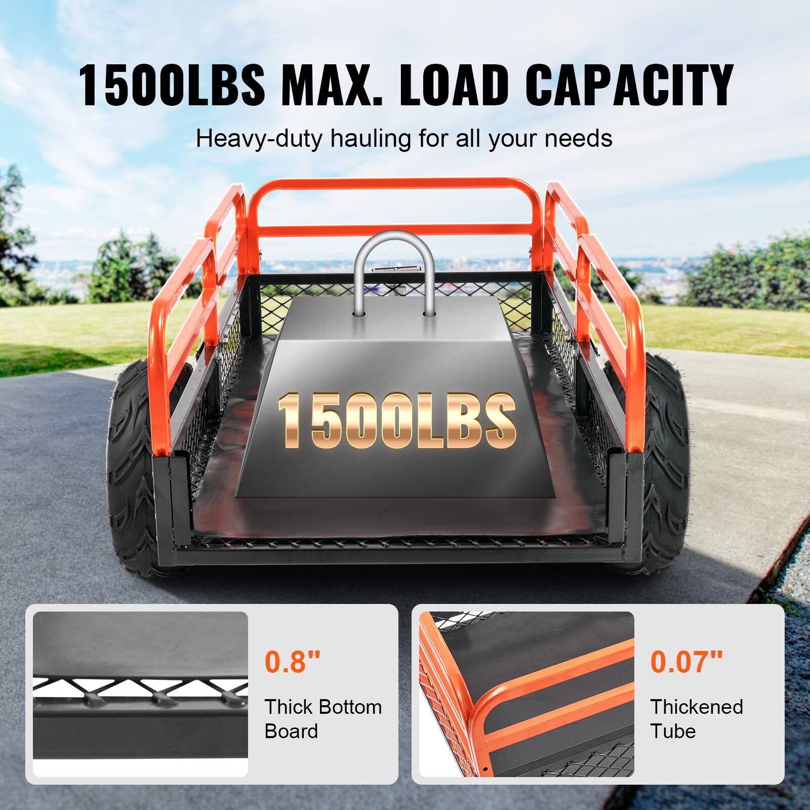 1500LBS MAX. LOAD CAPACITY, Heavy-duty hauling for all your needs, 1500LBS, 0.8" Thick Bottom Board, 0.07" Thickened Tube