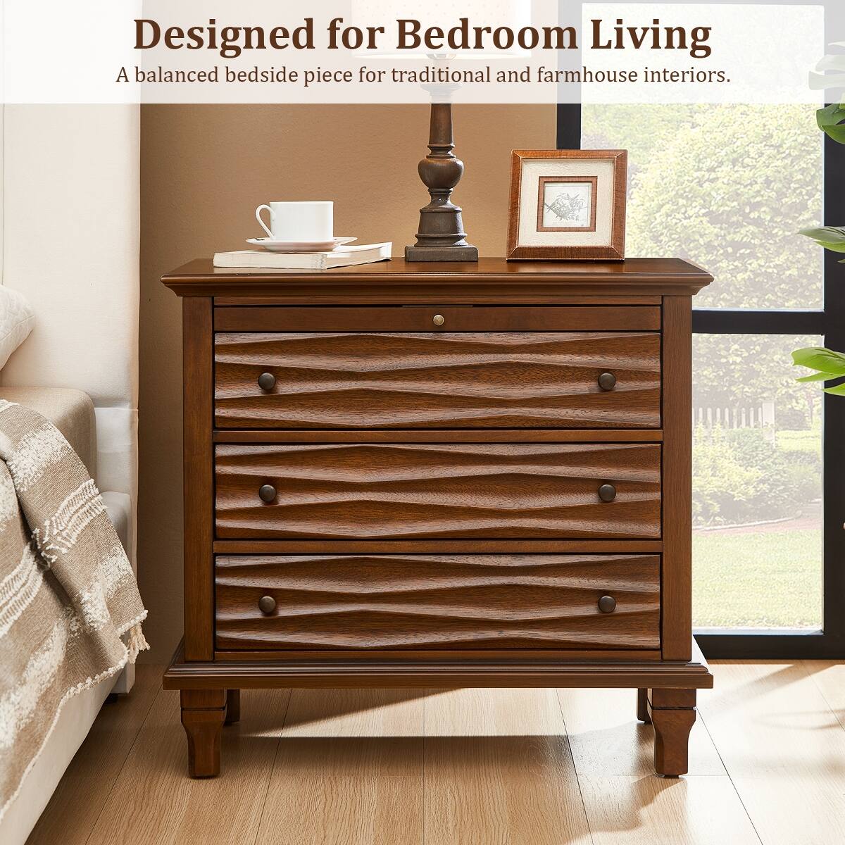 Designed for Bedroom Living  
A balanced bedside piece for traditional and farmhouse interiors.