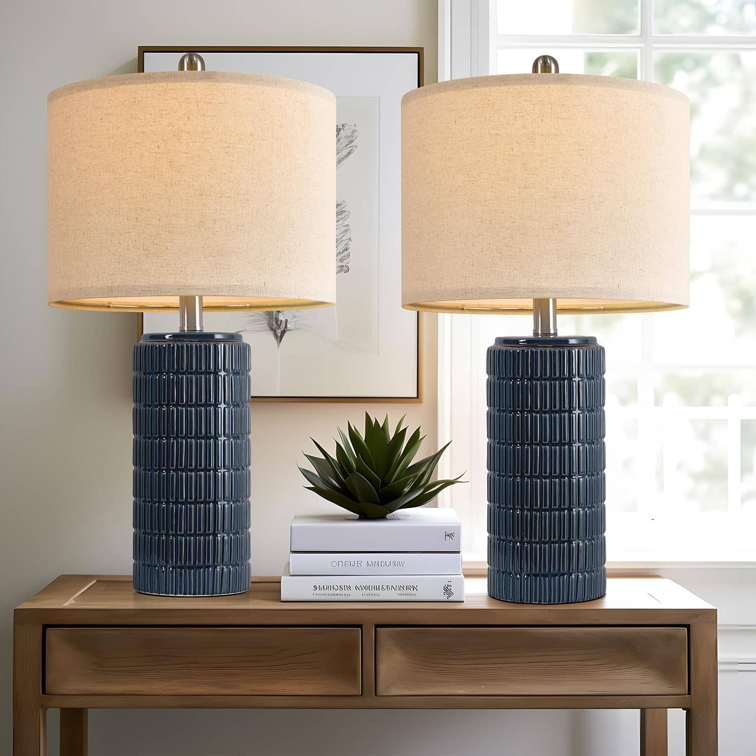 FINEAK - Ceramic Table Lamps for Bedroom Set of 2 - Dark Blue
