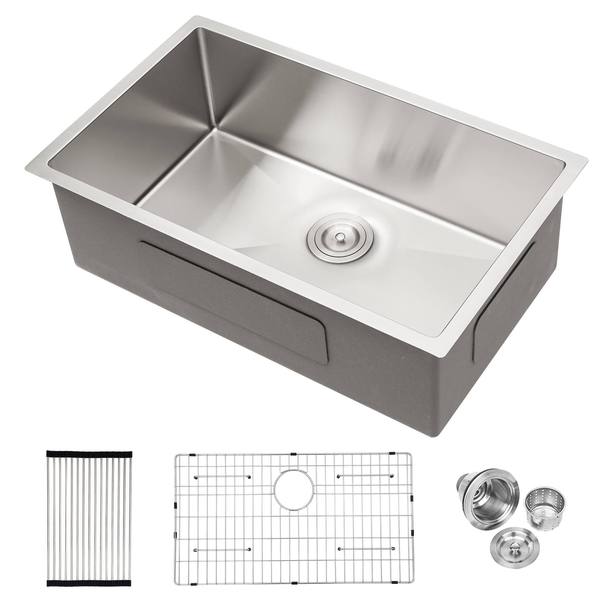 Back. TinyHomie - 32x18x9 Inch Undermount 16Gauge Stainless Steel Deep Single Bowl Kitchen Sink - brown.
