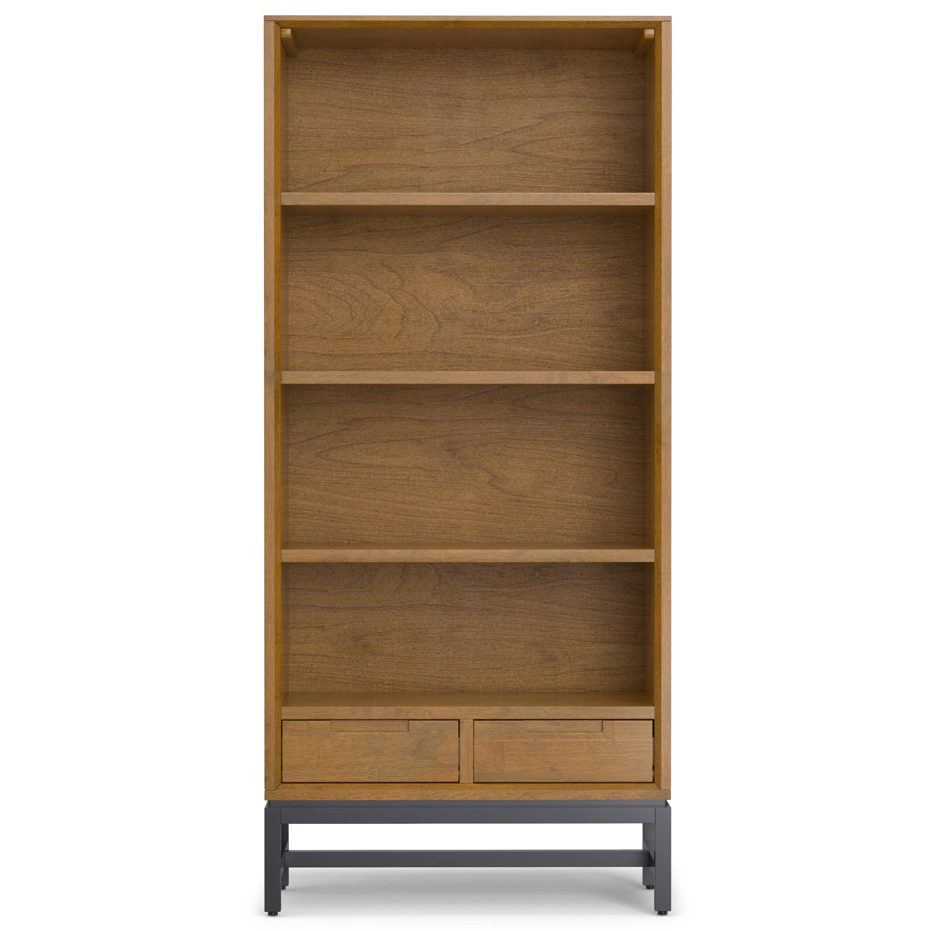 Left. Simpli Home - Banting SOLID HARDWOOD and Metal 66 inch x 30 inchRectangle Modern Industrial Bookcase in Medium Saddle Brown - Medium Saddle Brown.