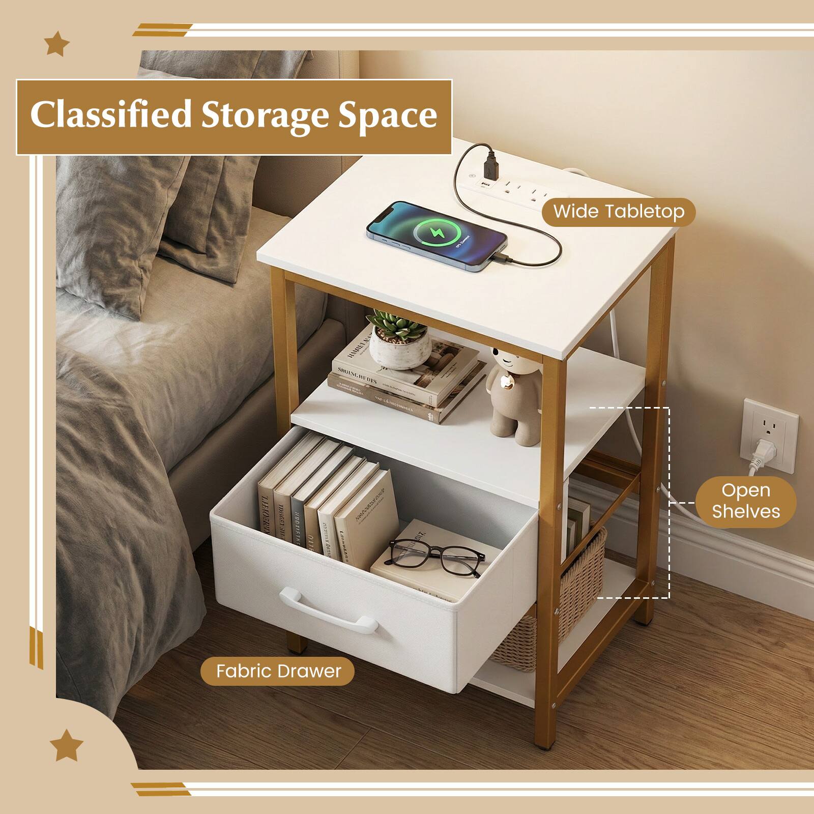 Classified Storage Space

Wide Tabletop
GVERAVE SPOINCREDTS
LITADERIS
AMERITY WHAT
HNO
110
SOCIANO
017.

Open Shelves
Fabric Drawer