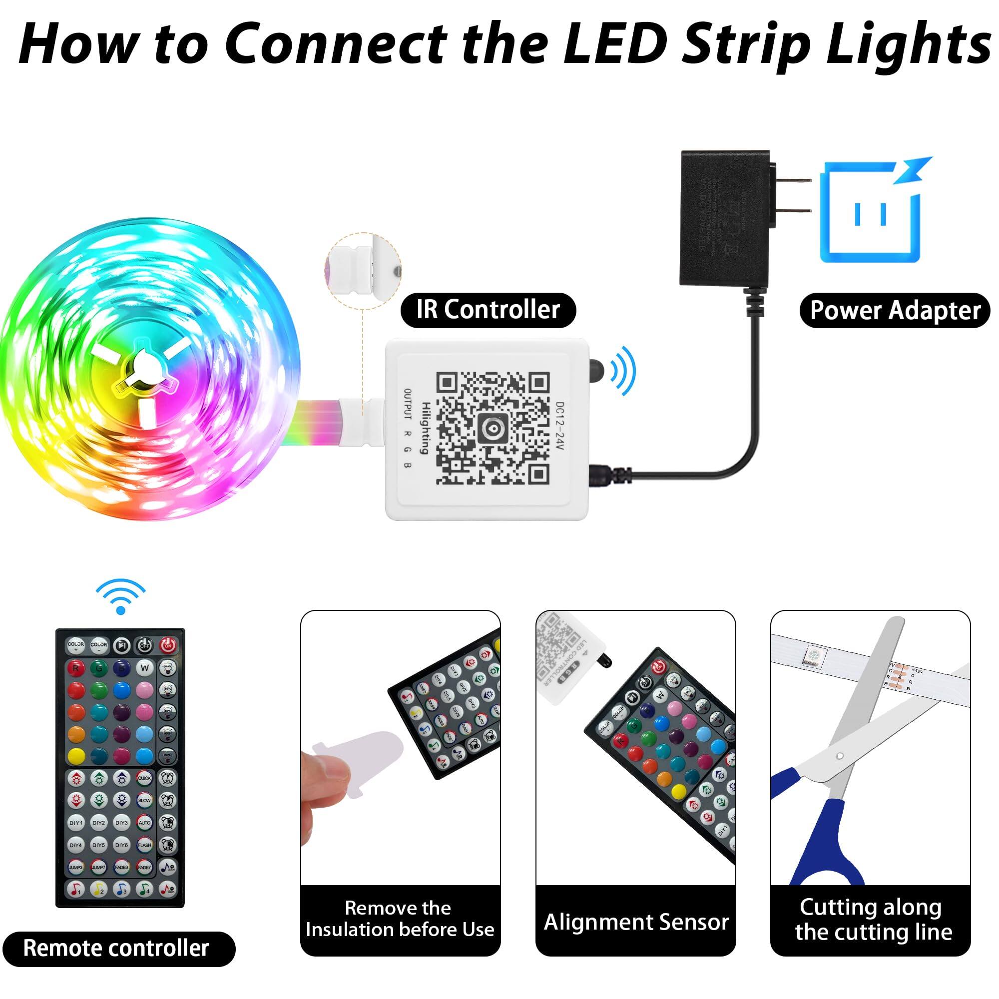 How to Connect the LED Strip Lights

- IR Controller
- Power Adapter
- Remote controller
- Remove the Insulation before Use
- Alignment Sensor
- Cutting along the cutting line