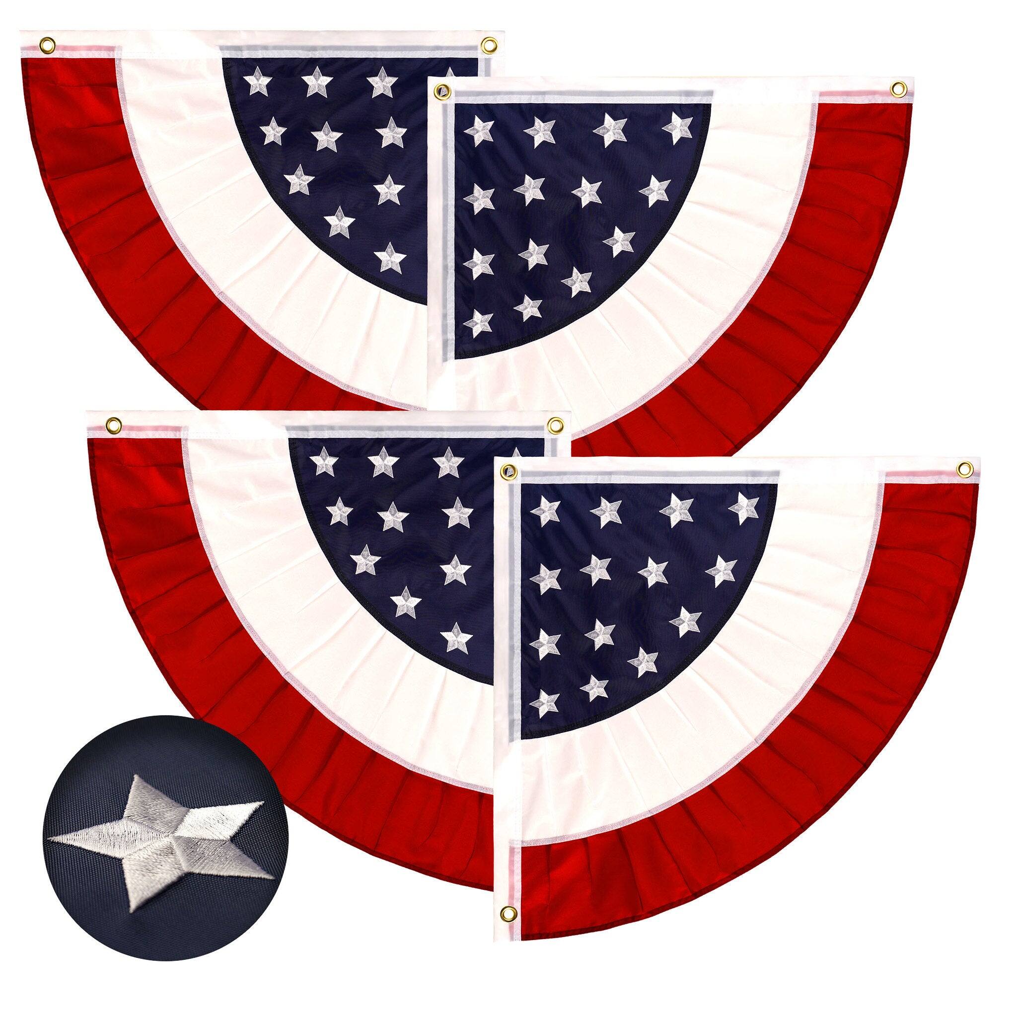 Front. G128 - G128 2 Pack: USA Pleated Fan Flag 2x2 Feet Star Center Quarter Circle Embroidered Polyester Stars and Stripes - Red, white, blue.