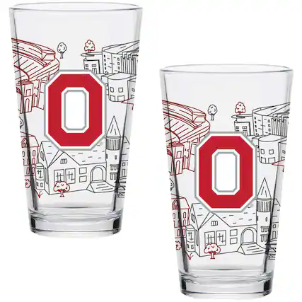 Front. Indigo Falls - Ohio State Buckeyes Two-Pack 16oz. Campus Line Art Pint Glass Set - Multicolor.