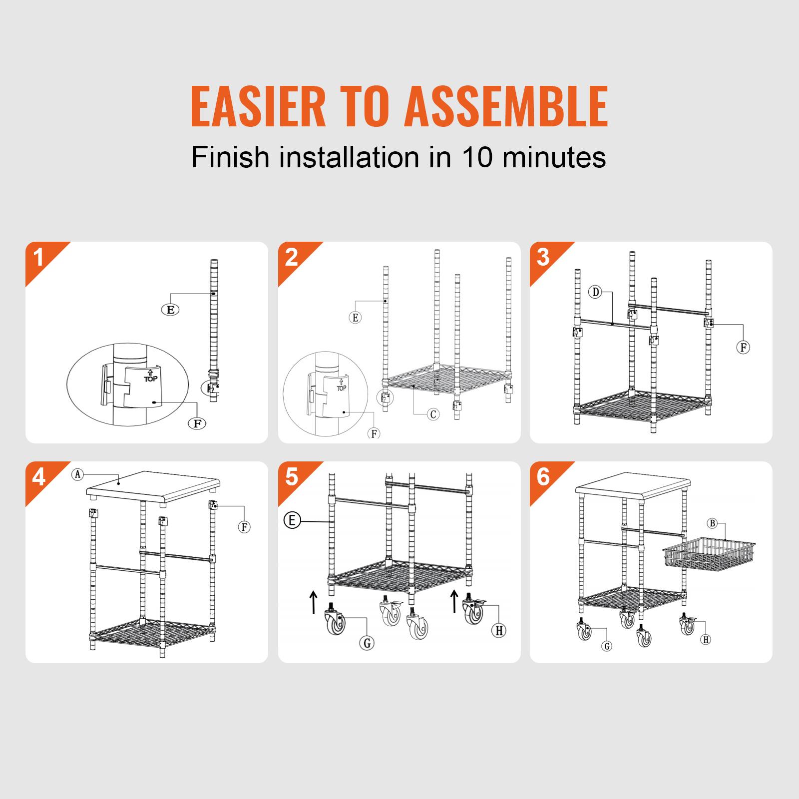 EASIER TO ASSEMBLE  
Finish installation in 10 minutes  

1.  
2.  
3.  
4.  
5.  
6.  

A  
B  
C  
D  
E  
F  
G  
H