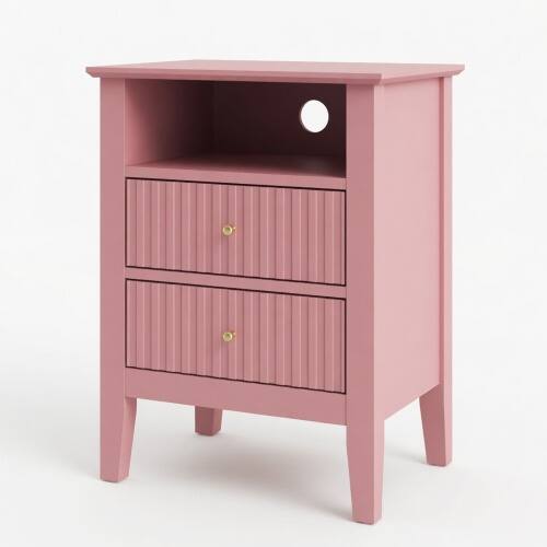 Alt View 6. LUCKY ONE - 18" Assembled Fluted Nightstand Set of 2 2-Drawer Gold Knobs - Pink.