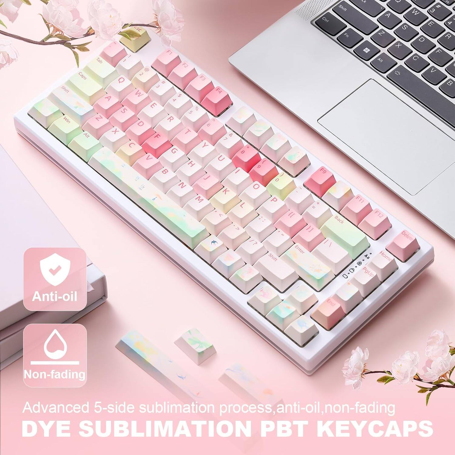 The text on the image can be grouped and corrected as follows:

**Keycap Layout:**
- Shift
- F1
- 1
- Q
- F2
- 2
- W
- F3
- 3
- E
- F4
- 4
- R
- F5
- 5
- T
- F6
- 6
- Y
- F7
- 7
- U
- F8
- 8
- I
- F9
- 9
- O
- F10
- 0
- P
- F11
- \ (Backslash)
- F12
- | (Pipe)
- A
- Z
- S
- X
- D
- C
- F
- V
- G
- B
- H
- N
- J
- M
- J
- K
- L
- Enter
- Shift
- Home
- PgUp
- End
- PgDn

**Additional Features:**
- Anti-oil
- Non-fading
- Advanced 5-side sublimation process, anti-oil, non-fading DYE SUBLIMATION PBT KEYCAPS

**Note:** The text appears to be a mix of keycap labels and product features. The keycap layout is based on a standard QWERTY keyboard layout.