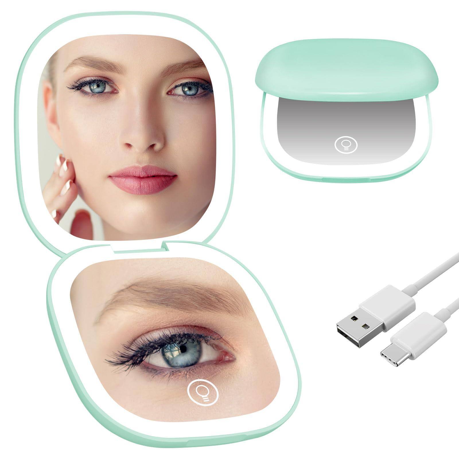 Front. COTTAGE - Travel Magnifying Mirror With Light Dual sided Compact For Purse Magnification Lighting Modes Auto Shut off - Cyan 3.5"L x 3.5"W.