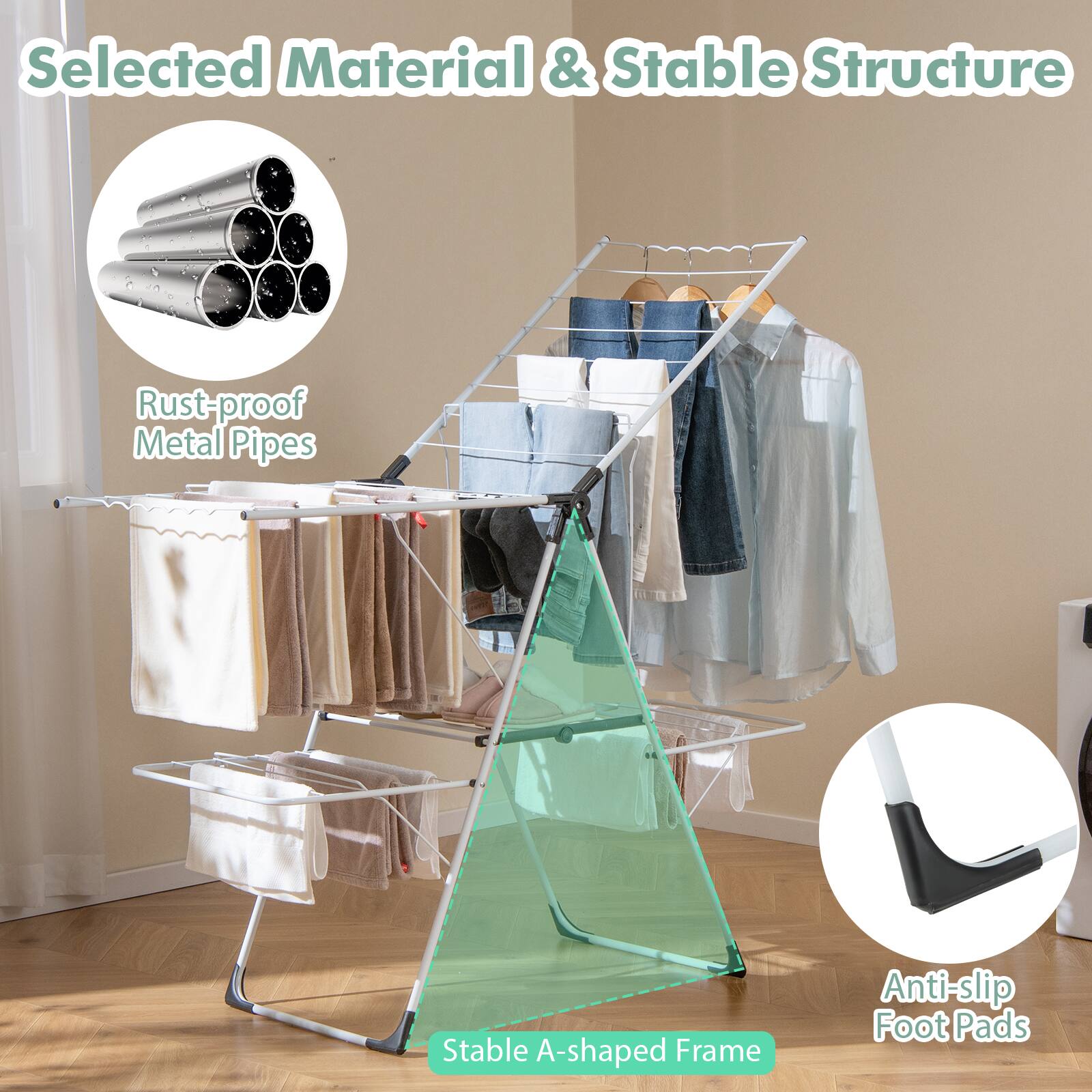 Selected Material & Stable Structure

- Rust-proof Metal Pipes
- Stable A-shaped Frame
- Anti-slip Foot Pads