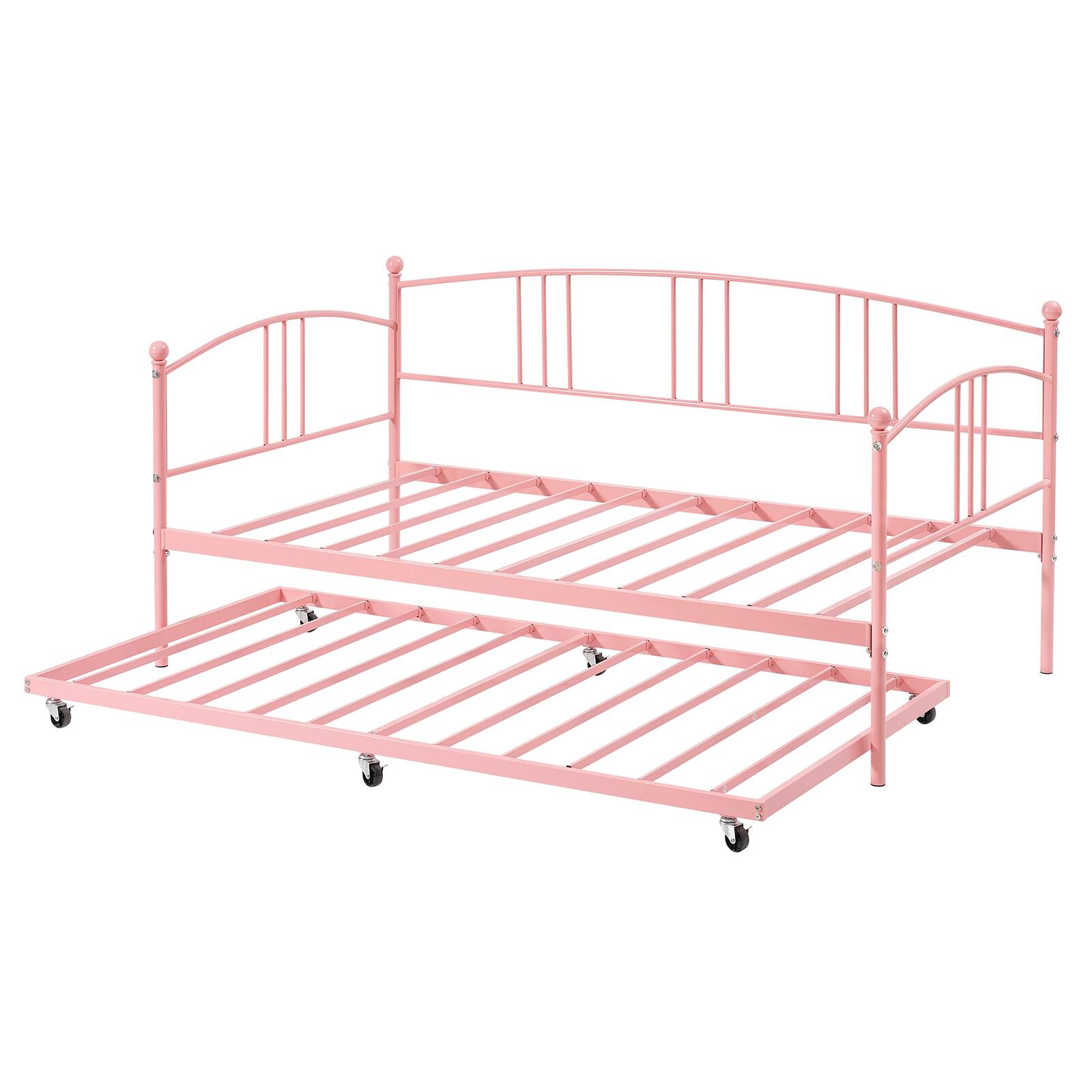 Alt View 1. Homhougo - Twin Rectangular Twin Metal Daybed with Trundle, Sofa Bed Frame with 6 Casters and Steel Slat Support - Pink.