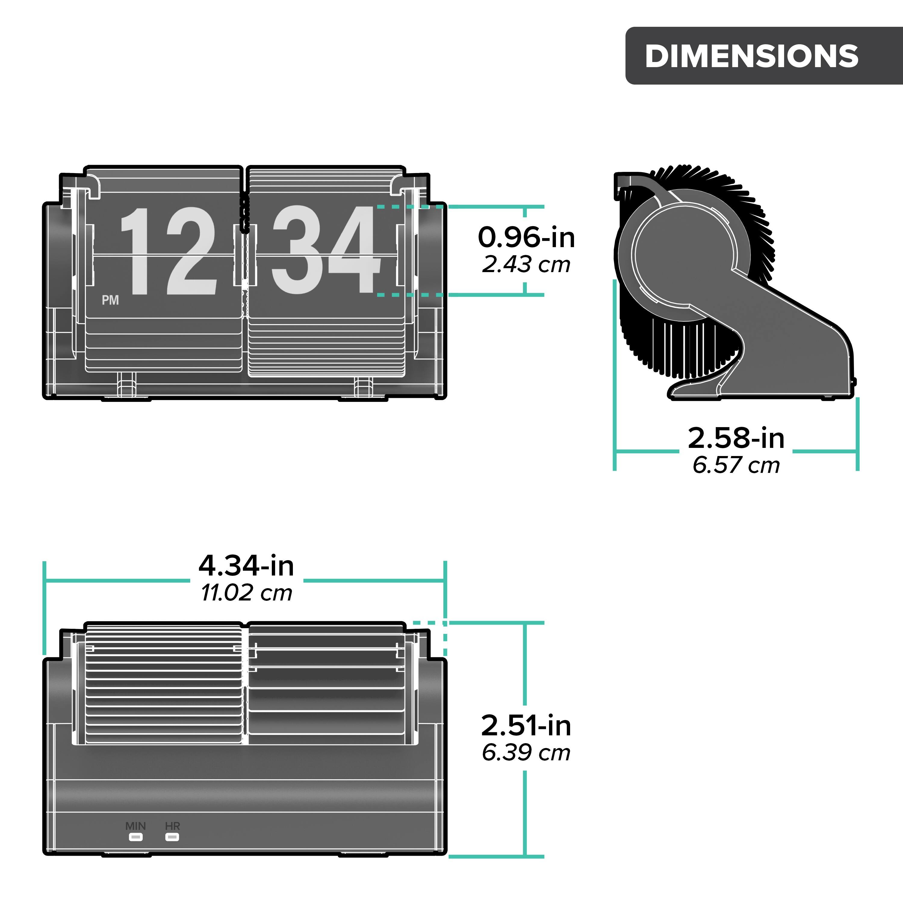 DIMENSIONS

12 34 PM

0.96-in 2.43 cm

2.58-in 6.57 cm

4.34-in 11.02 cm

2.51-in 6.39 cm

MIN HR