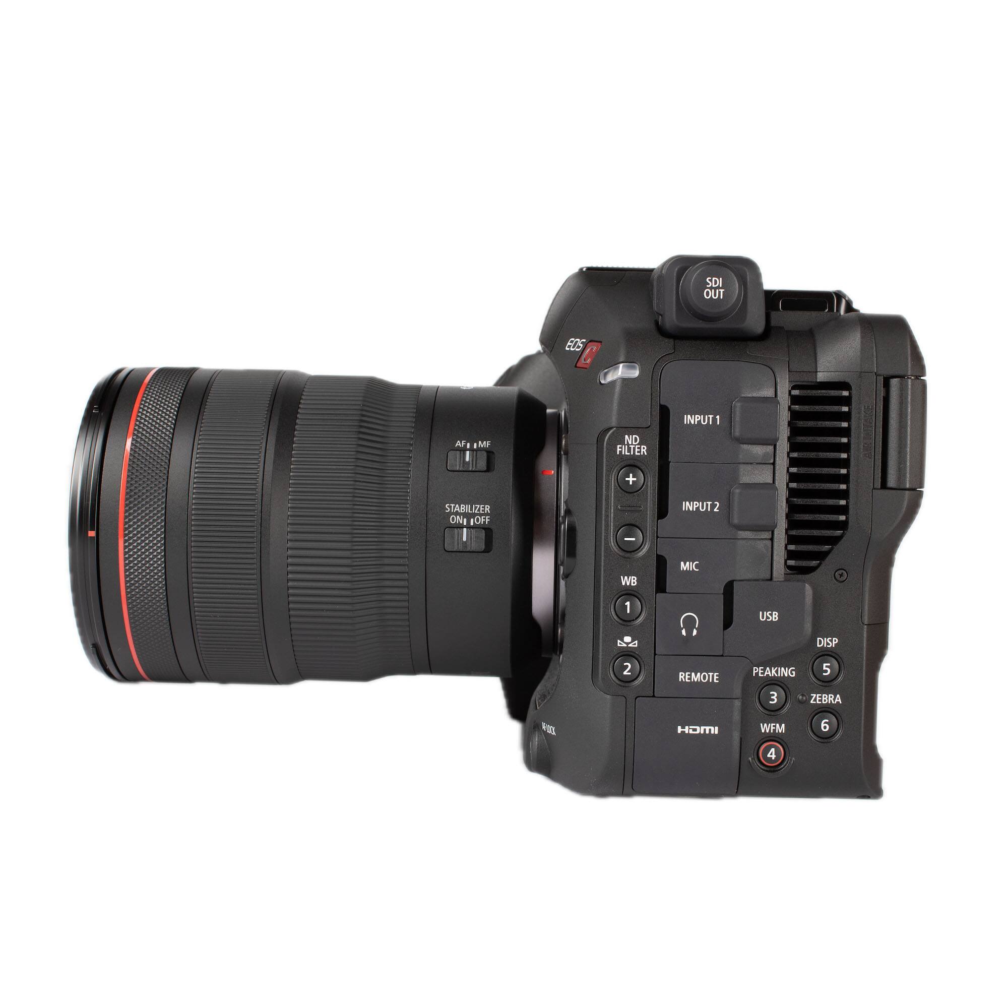 SDI OUT  
25 C  
AF  
MP  
ND FILTER  
INPUT 1  
STABILIZER ON/OFF  
110g  
INPUT 2  
WB  
MIC  
1  
USB  
DISP  
2  
REMOTE  
PEAKING  
5  
3  
ZEBRA  
6  
WFM  
4  
HDMI