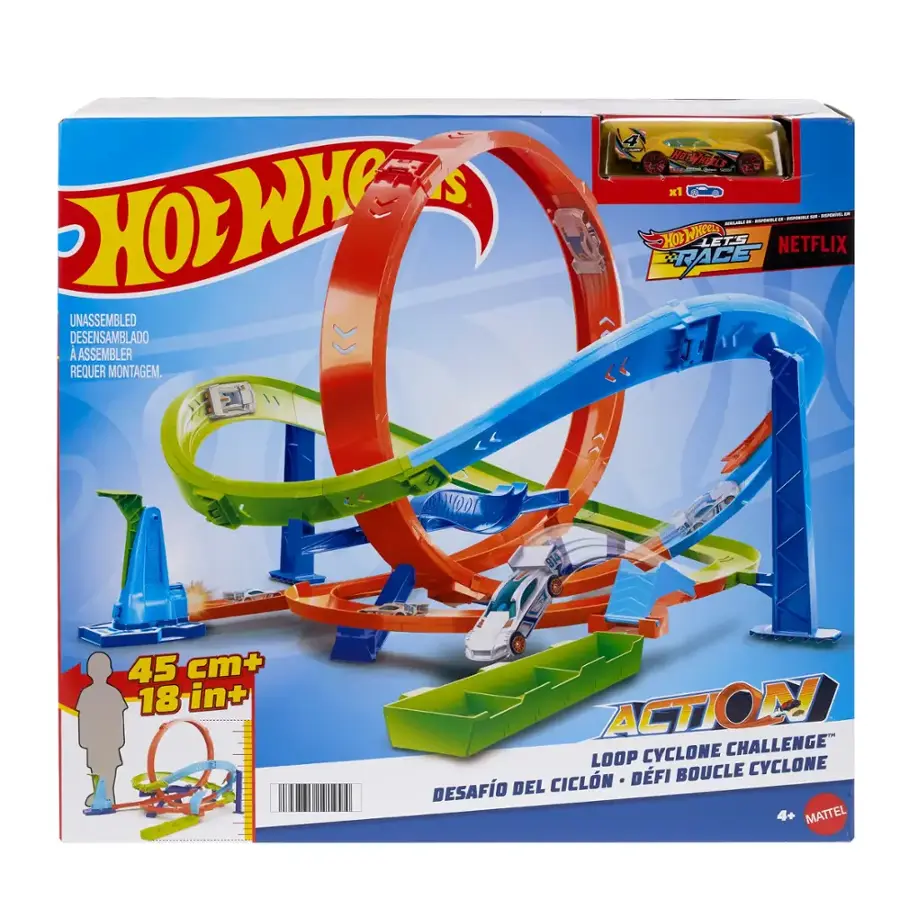The text on the image is in Spanish, so I cannot provide a proper English translation. However, I can provide a general description of the content. The image features a Hot Wheels toy set, which includes a race track and a car. The toy set is designed for children to assemble and enjoy playing with. The toy set is advertised as being available on Netflix, and it is described as a fun and challenging activity for kids.