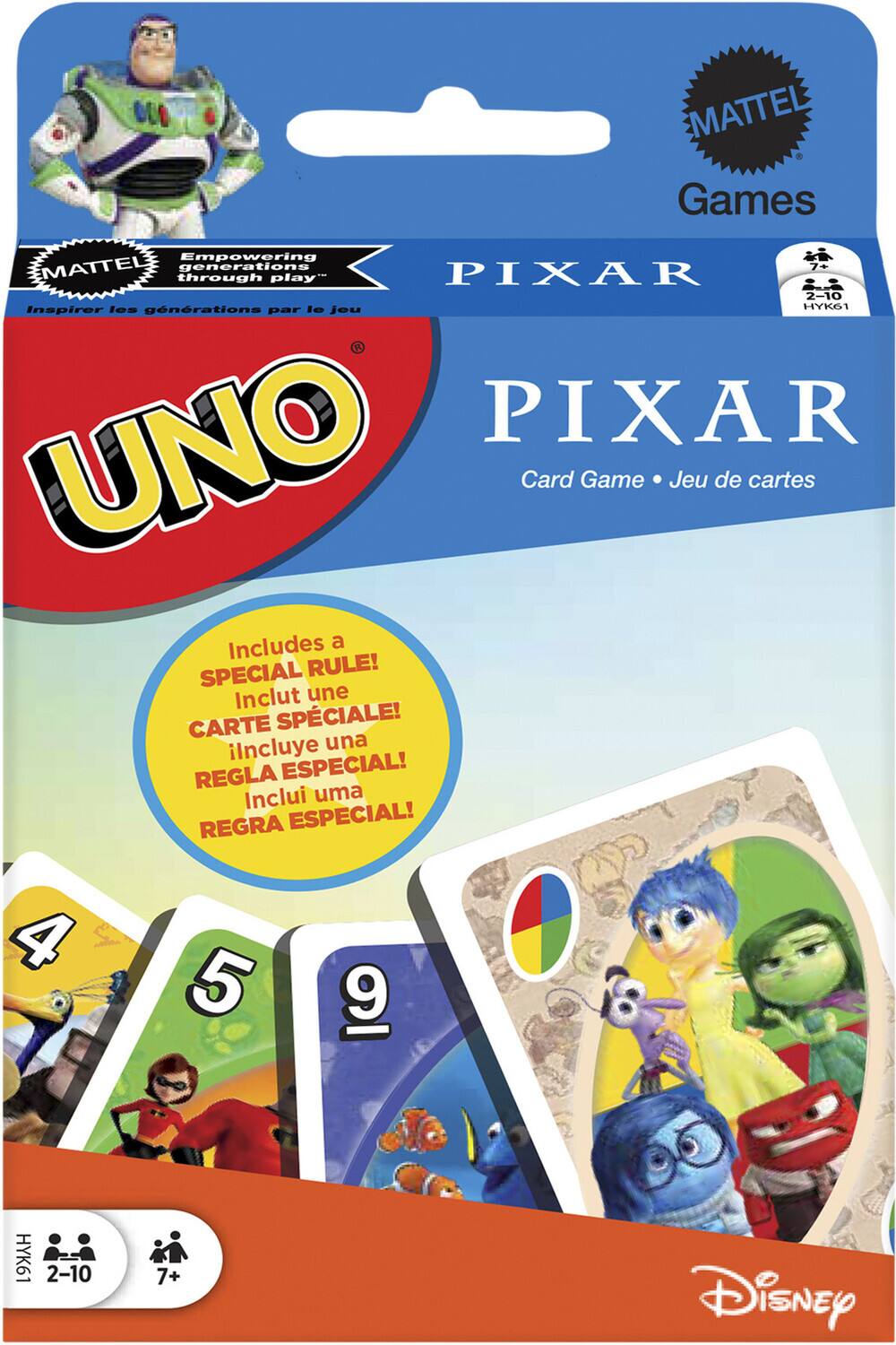 MATTEL  
Games Empowering MATTEL generations through play  
Inspirer les générations par le jeu  

PIXAR  
UNO  
Card Game • Jeu de cartes  

Includes a SPECIAL RULE!  
Inclut une CARTE SPÉCIALE!  
incluye una REGLA ESPECIAL!  
Inclui uma REGRA ESPECIAL!  

HYK61  
2-10  
7+  

Disney