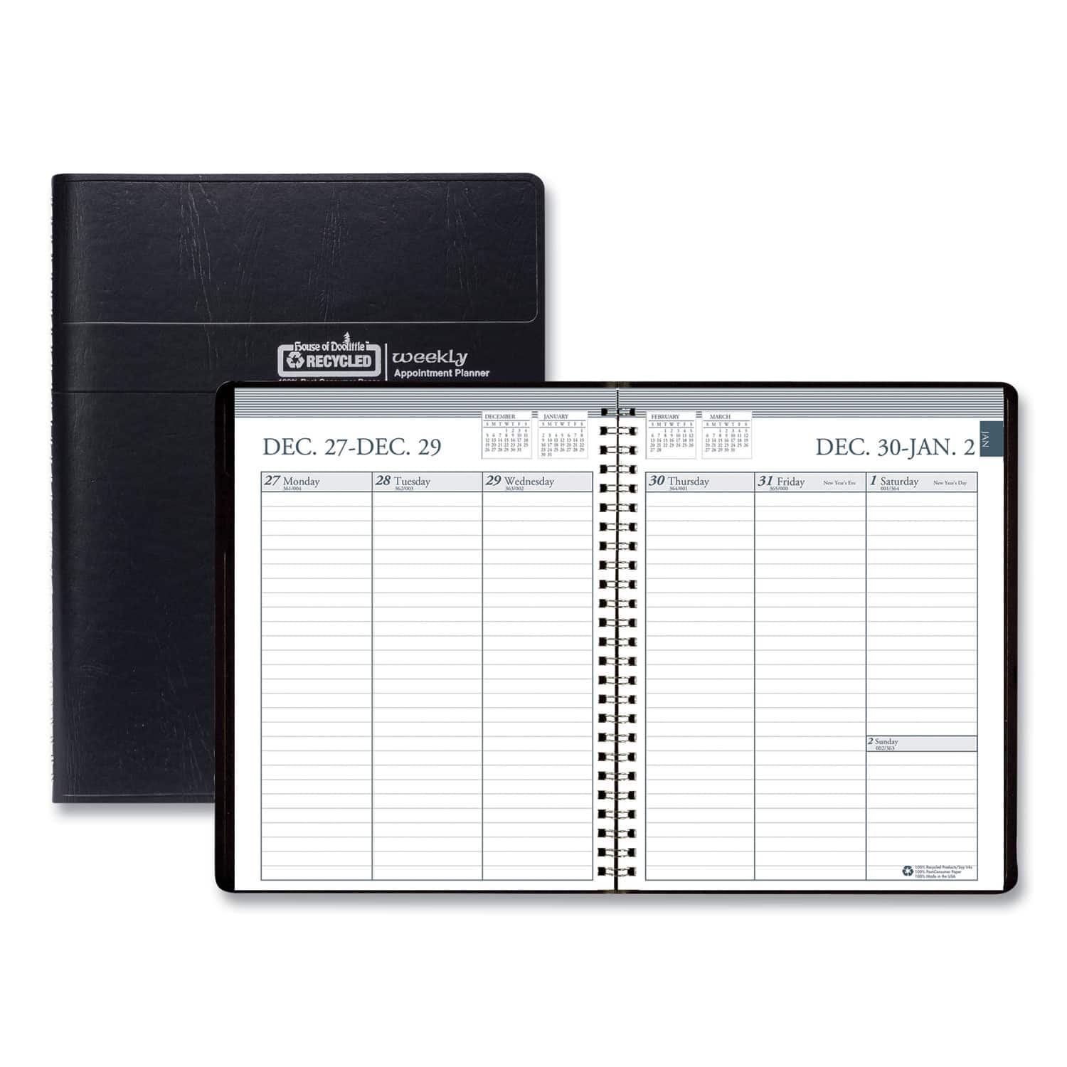 House of Doolittle - Recycled Weekly Appointment Book Ruled without Appointment Times 8.75 x 6.88 Black Cover 12 Month Jan to Dec 2026