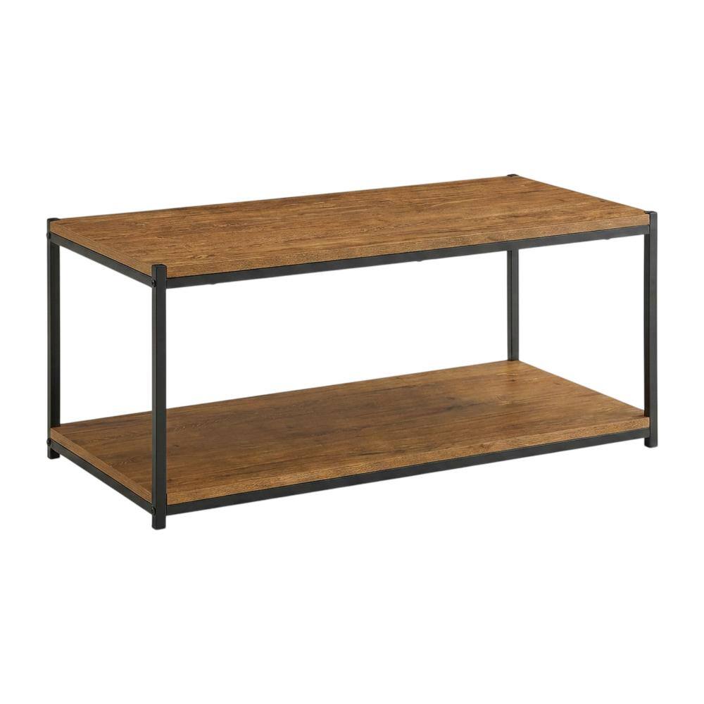 Front. Caffoz - Storage Shelf Wood Center Coffee Table With Metal Frame In Oak Brown - Brown.