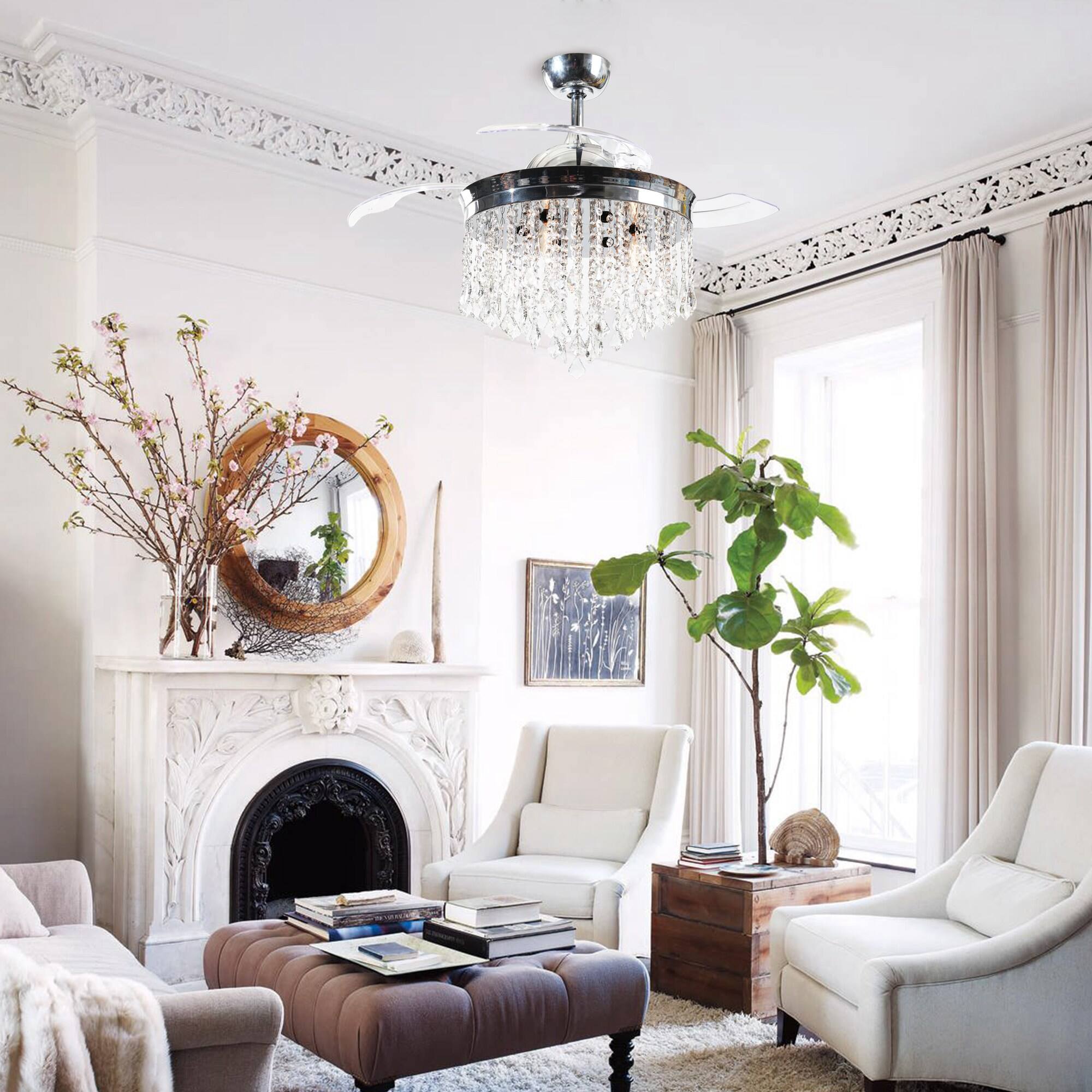 Back. Parrot Uncle - 42" Modern Chrome Crystal Ceiling Fan Chandelier with Remote - Chrome.