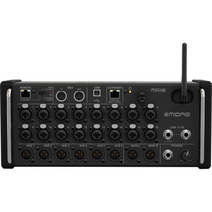 REMOTE WIFI CLIENT IN MIDI OUT USB ULTRANET MR18 ETHERNET ACCESS POINT PERSONAL MONITORING 1 2 3 4 5 6 7 8 MIDAS 9 10 11 12 13 14 15 16 LINE 17/18 L MONO AUX 1 AUX 2 AUX 3 AUX 4 AUX 5 AUX 6 MAIN L MAIN R PHONES MAX