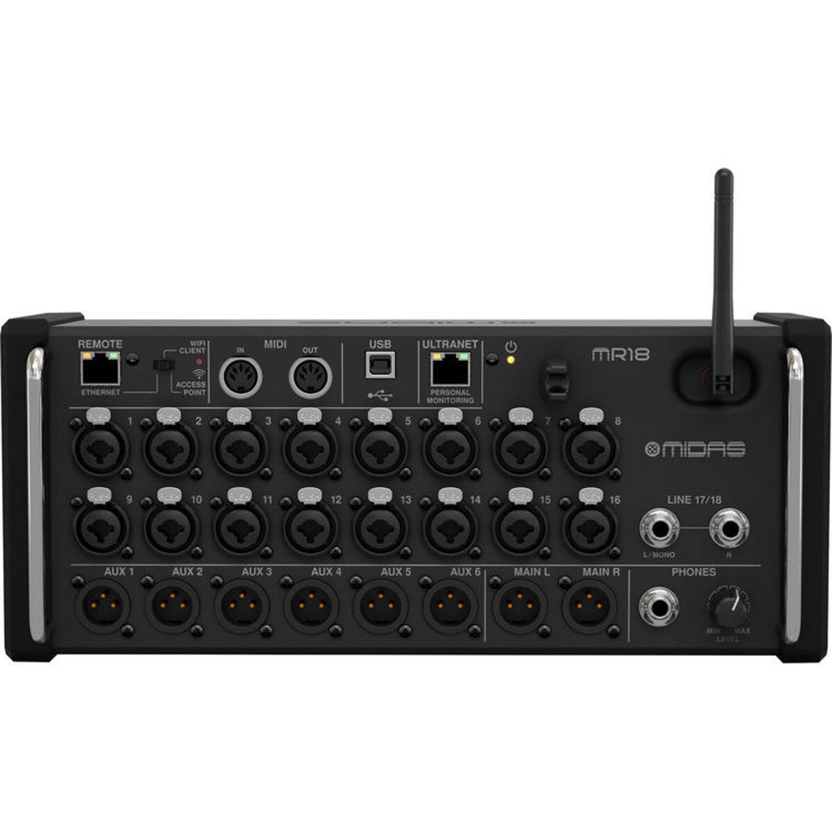 REMOTE WIFI CLIENT IN MIDI OUT USB ULTRANET MR18 ETHERNET ACCESS POINT PERSONAL MONITORING 1 2 3 4 5 6 7 8 MIDAS 9 10 11 12 13 14 15 16 LINE 17/18 L MONO AUX 1 AUX 2 AUX 3 AUX 4 AUX 5 AUX 6 MAIN L MAIN R PHONES MAX