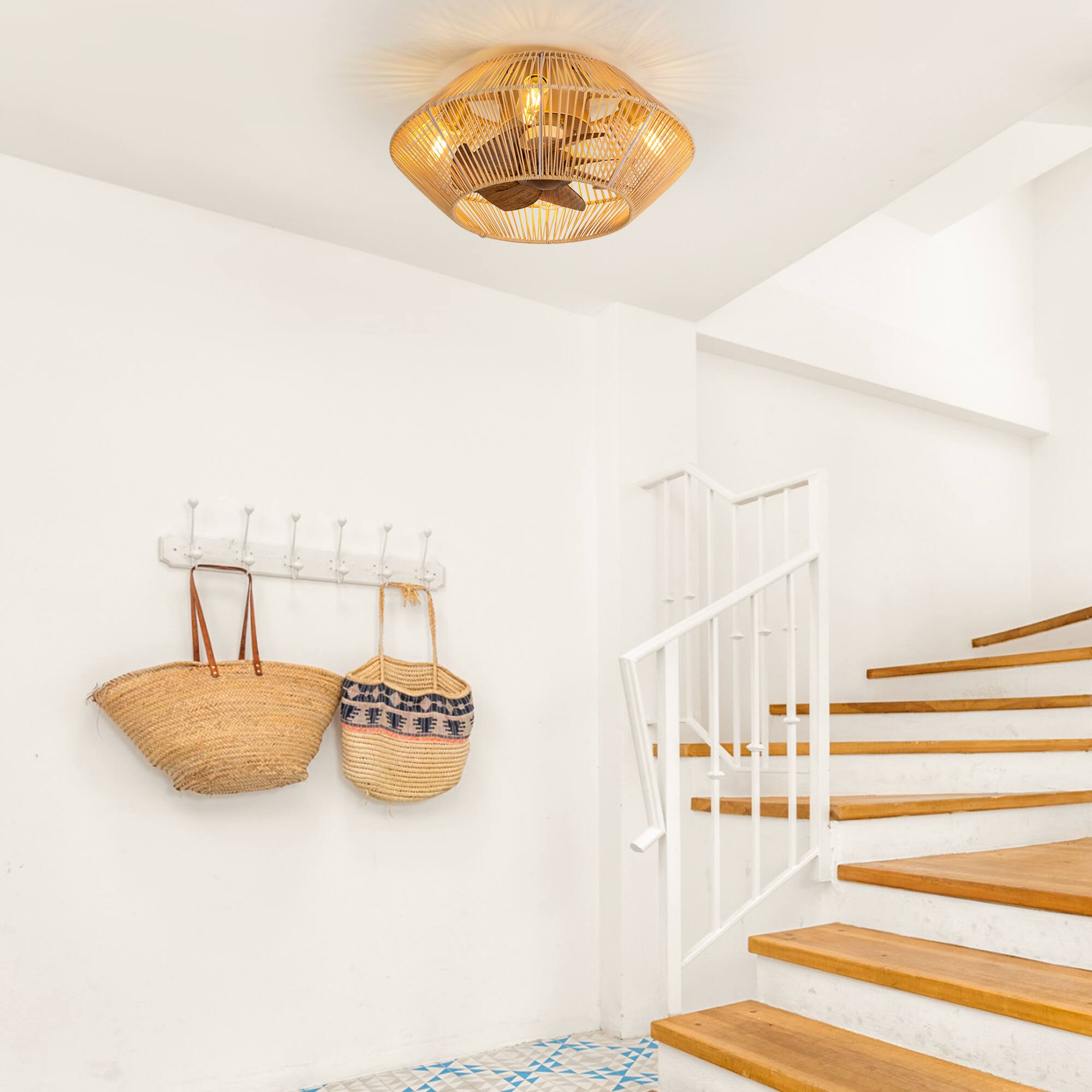 Back. Breezary - 19" Indoor Caged Rattan Ceiling Fan with LED Light, 7 ABS Blades, 6-Speed, DC Motor, Remote Control with Timer - Gold and Dark Wood Grain.