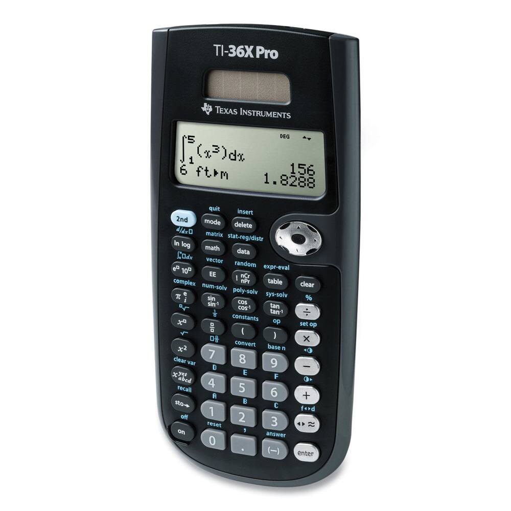 TI-36X Pro  
TEXAS INSTRUMENTS  

∫₅¹ (x³) dx  
6 ftm  

156  
1.8288  

quit insert 2nd mode delete di matrix stat-reg/distr In log math data Codx vector random expr-eval table num-solv clear e poly-solv sys-solv sin % i cos sin tan COS + tan1 constants do set ) x convert base x² n 0 7 8 clear var 9 D - x yI E F 0 abed 4 recall 5 6 A + s0 1 fard off 2 reset 3 on answer 0 enter