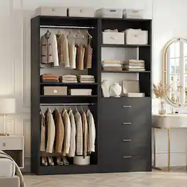 Aheaplus - 46.3" Walk-in Closet Organizer System with 4 Wooden Drawers and 2 Hanging Rods - Black