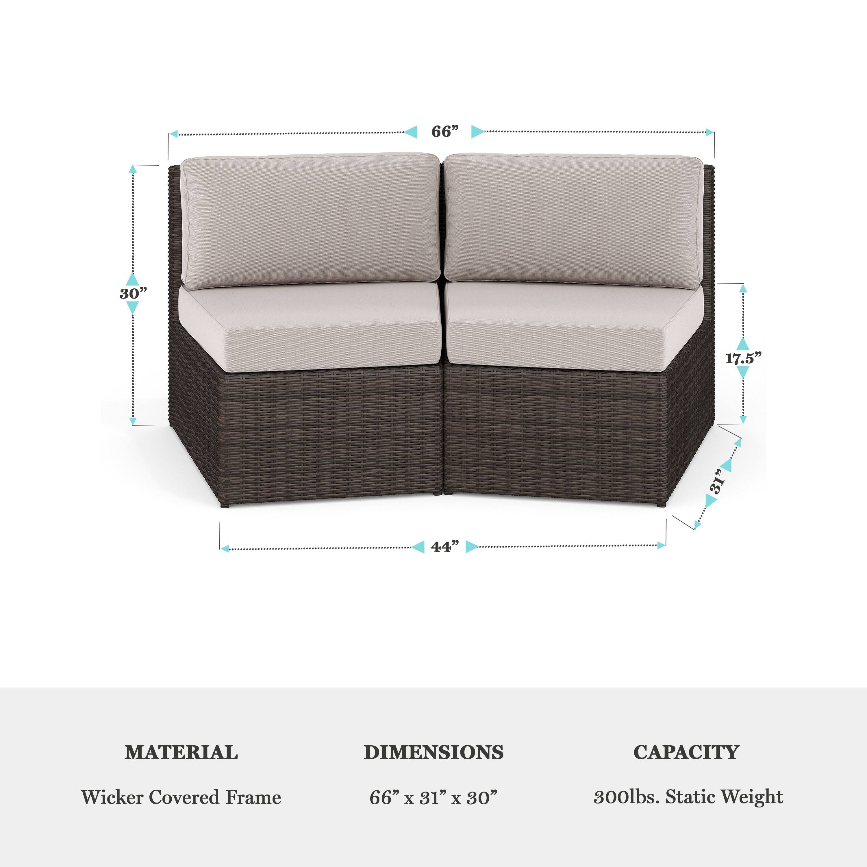 The text on the image reads:

Material: Wicker Covered Frame
Dimensions: 66" X 81" x 80"
Capacity: 300lbs. Static Weight