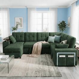Dyonery - 112" Modular Convertible Sectional Sleeper Sofa with Pull Out Bed,Linen Convertible Couch with Storage Seat - Green