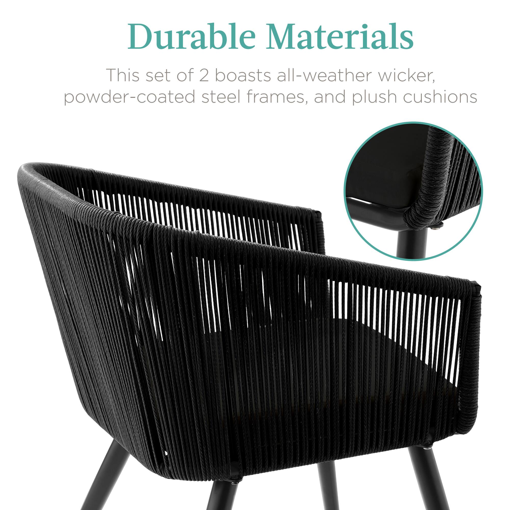 Durable Materials

This set of 2 boasts all-weather wicker, powder-coated steel frames, and plush cushions