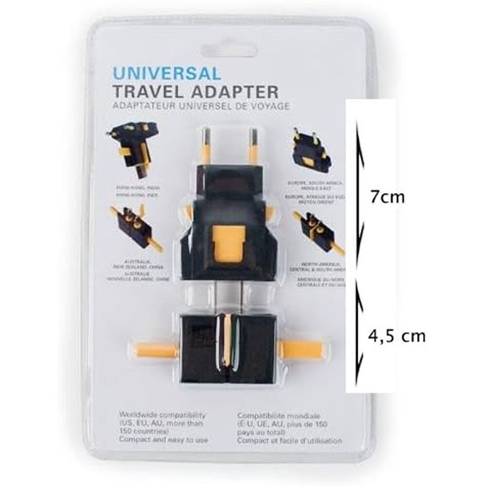 UNIVERSAL TRAVEL ADAPTER  
ADAPTATEUR UNIVERSEL DE VOYAGE  

7cm  
4,5 cm  

Worldwide compatibility  
IUS, EU, AU, more than 150 countries  
Compact and easy to use  

Compatibilité mondiale  
IUS, UE, AU, plus de 150 pays au total  
Compact et facile d'utilisation