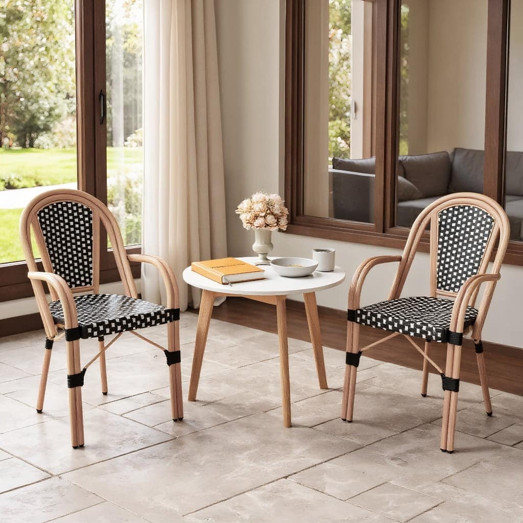 Kadyn - Outdoor Dining Room Chairs, Patio Kitchen Chairs,Hand-Woven PE Wicker Outdoor French Bistro Chairs Set of 2 - Black