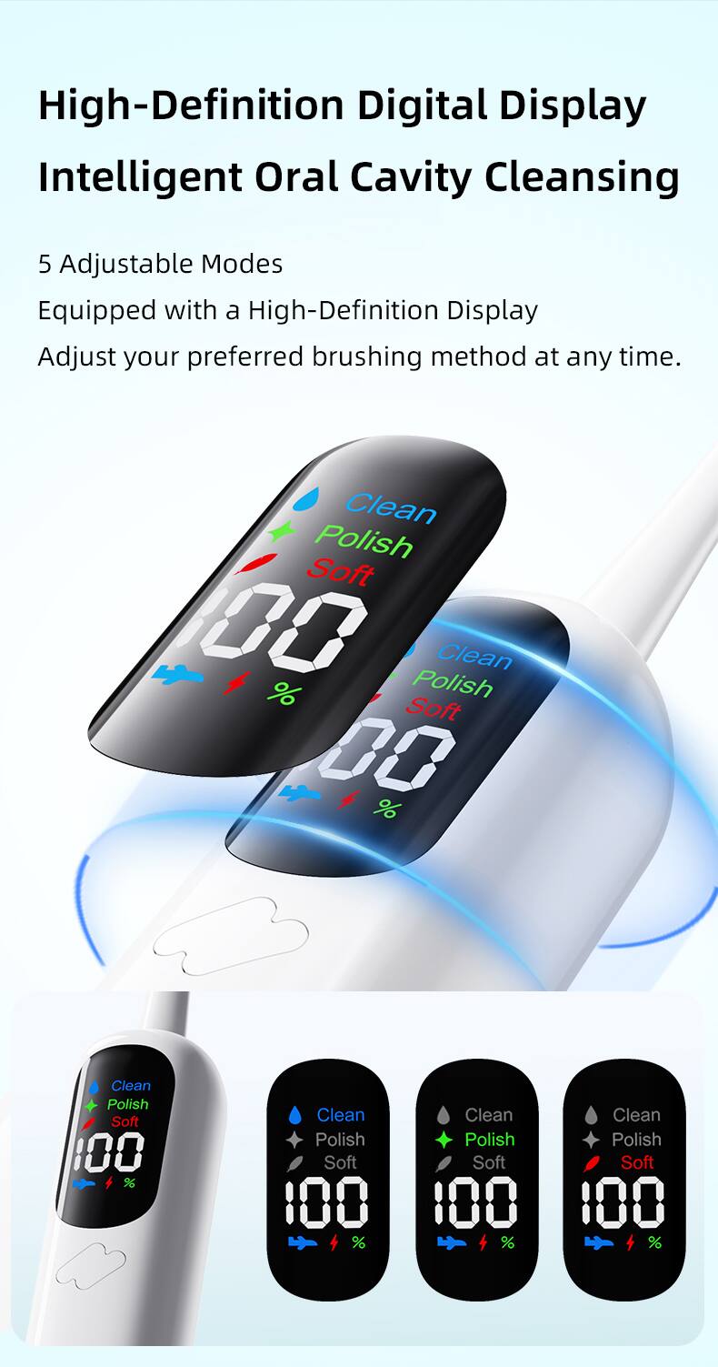 High-Definition Digital Display  
Intelligent Oral Cavity Cleansing  

5 Adjustable Modes  
Equipped with a High-Definition Display  
Adjust your preferred brushing method at any time.  

Clean  
Polish  
Soft  

100%  
00%  
100%  
100%  
100%  
100%  
100%  
100%