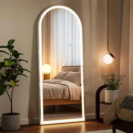 Front. HOMLUX - LED Arched Mirror Full Length with Dimmable Lights Floor Body Mirror with 3 Color Modes.