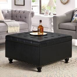 APRILSOUL - Large Square Storage Ottoman Wooden Legs Upholstered Button Tufted Coffee Table - Black
