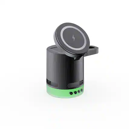 Front. RISOKEYS - 4-in-1 15W Wireless Charger - Fast Power Adapt with Bluetooth Speaker & Ambient Light for iPhone, Apple Watch, AirPods - Black.