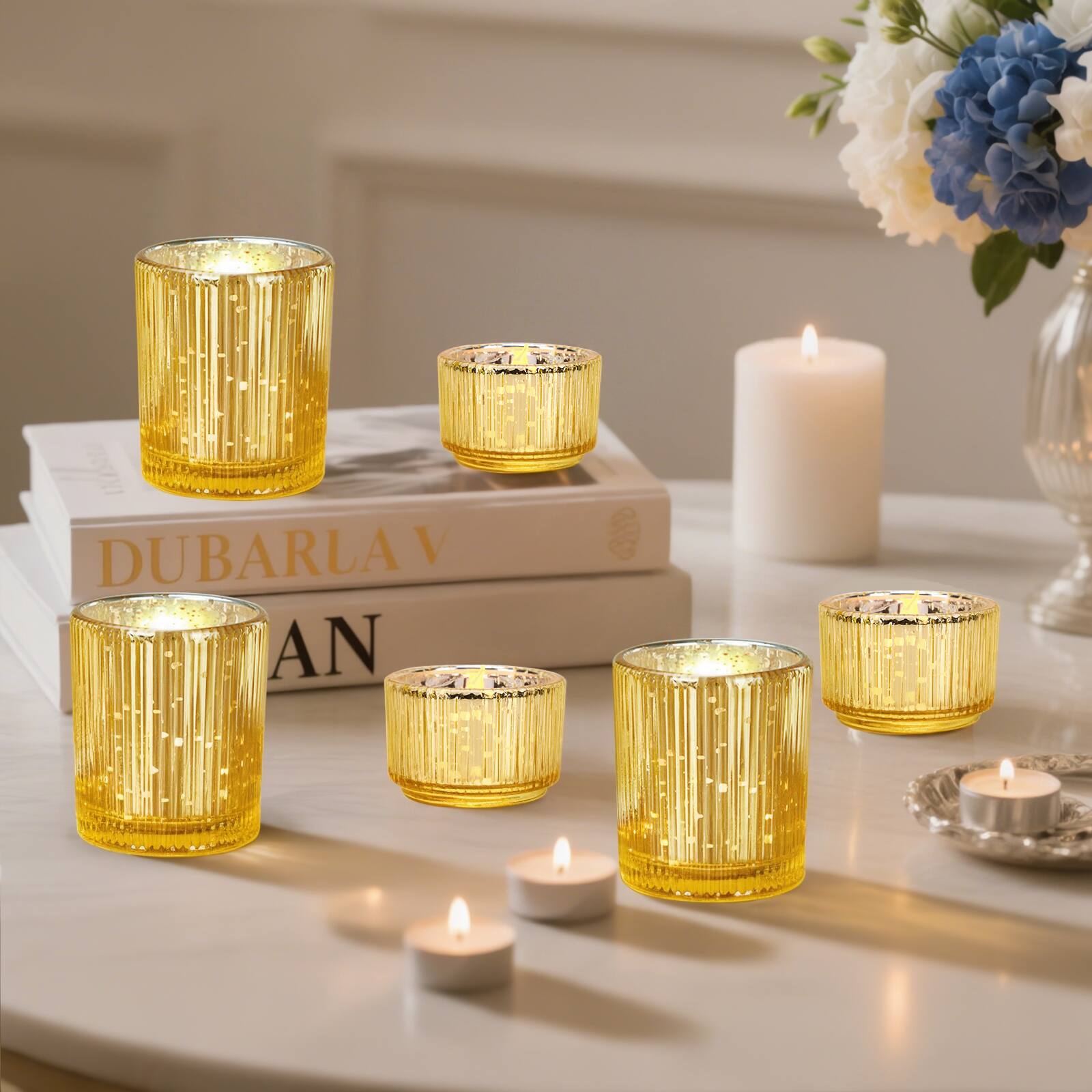 Alt View 3. IMAGE - Elegant Votive Gold Glass Tea Light Holders Set of 12 - Gold.