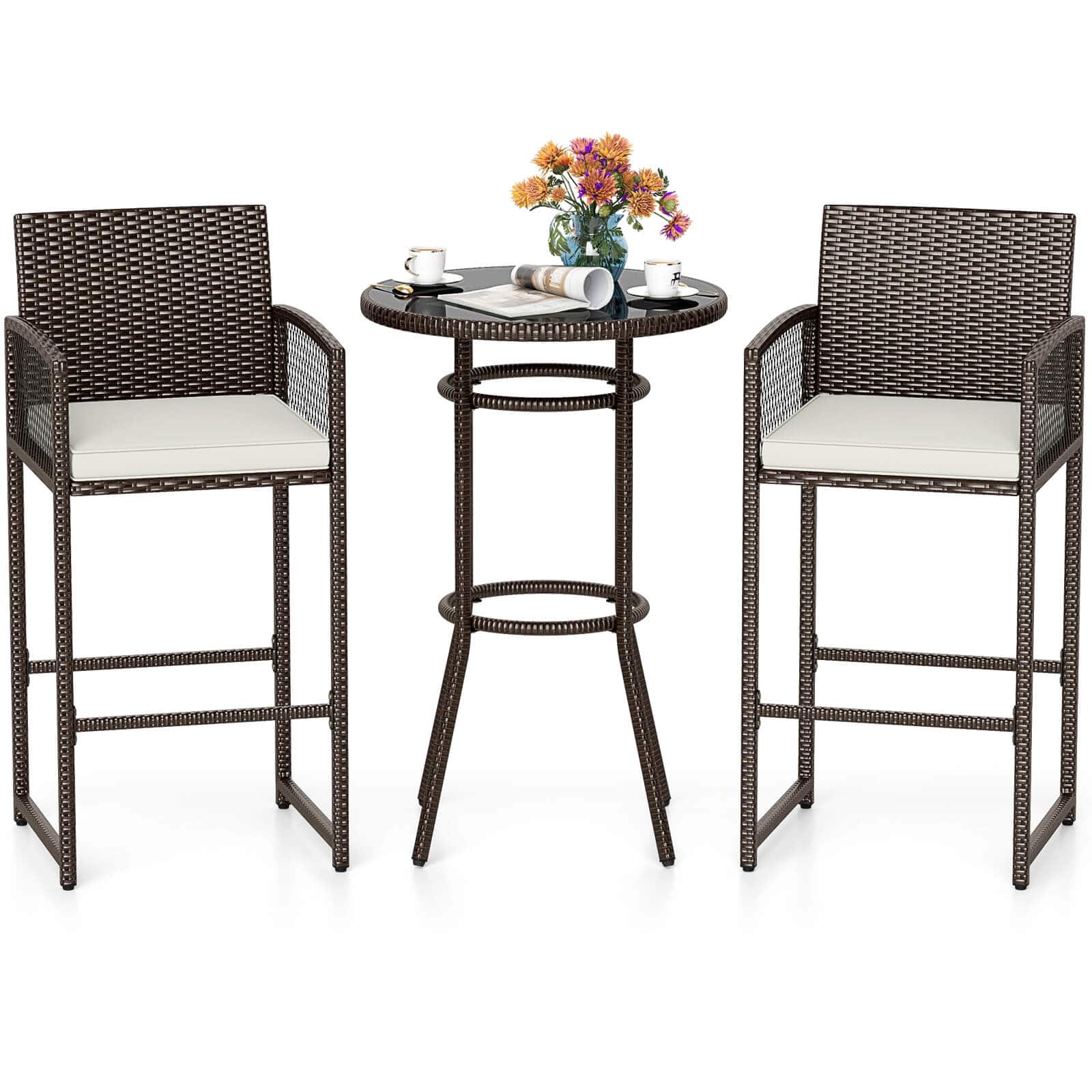 Costway - 3 Piece Wicker Patio Bar Set with 2 Seat Cushions Glass Tabletop for Backyard - Mix Brown,Off White