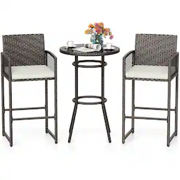 Costway - 3 Piece Wicker Patio Bar Set with 2 Seat Cushions Glass Tabletop for Backyard - Mix Brown,Off White