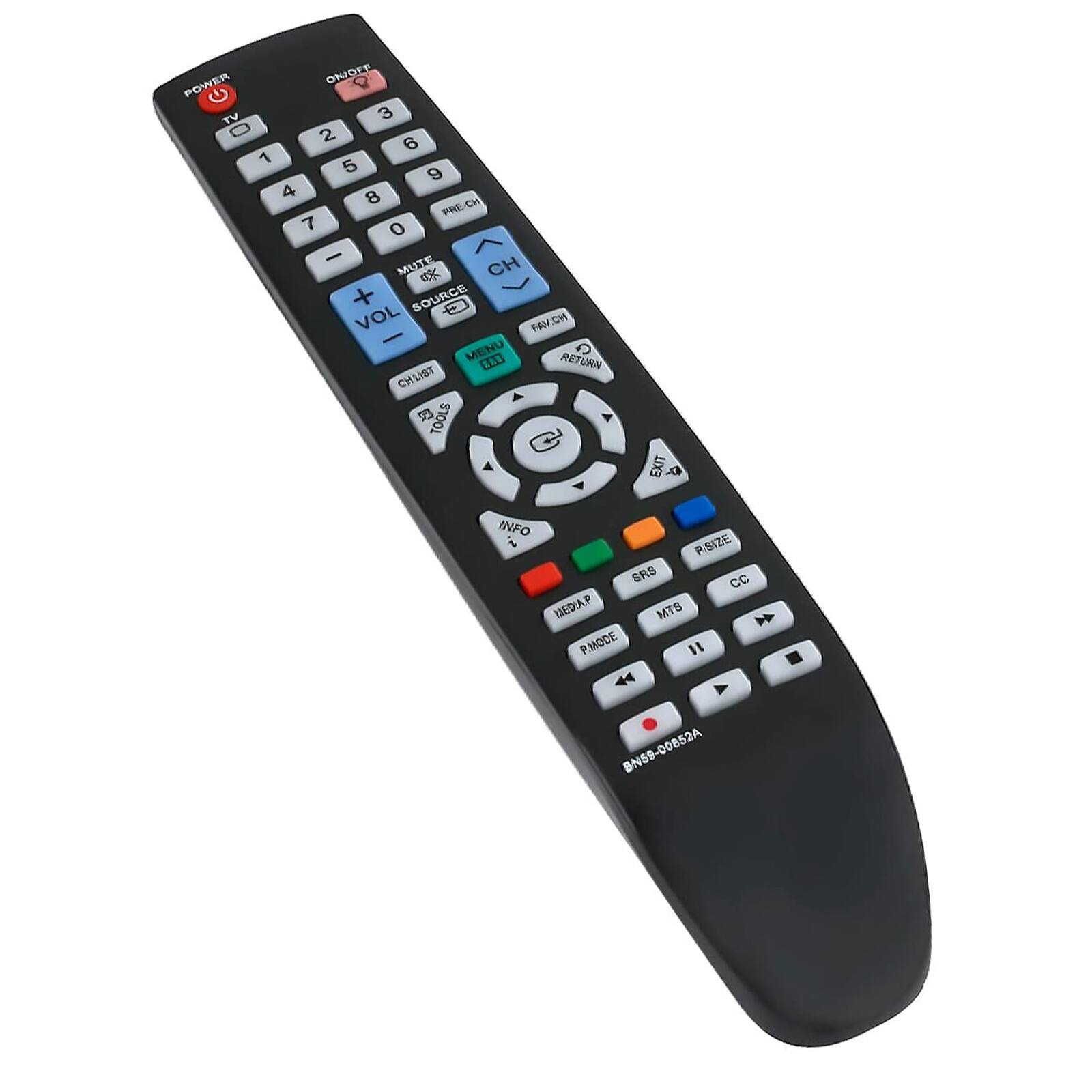 POWER ON TV 3 2 6 1 5 9 4 8 PRE-CH CH 7 0 - MUTE CH + SOURCE VOL FAVCH - MENU 0. RETURN CHLIST TOOLS C EXIT - INFO P.SIZE SRS CC MEDIAP MTS P.MODE 11 . 44 BN59-00852A