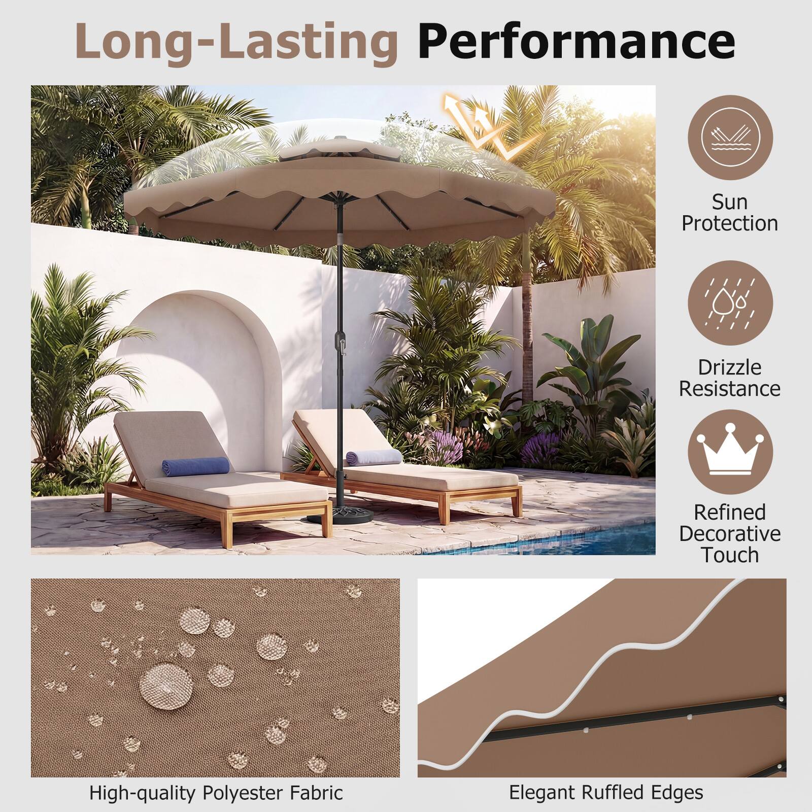 Long-Lasting Performance  
- Sun Protection  
- Drizzle Resistance  
- Refined Decorative Touch  
- High-quality Polyester Fabric  
- Elegant Ruffled Edges