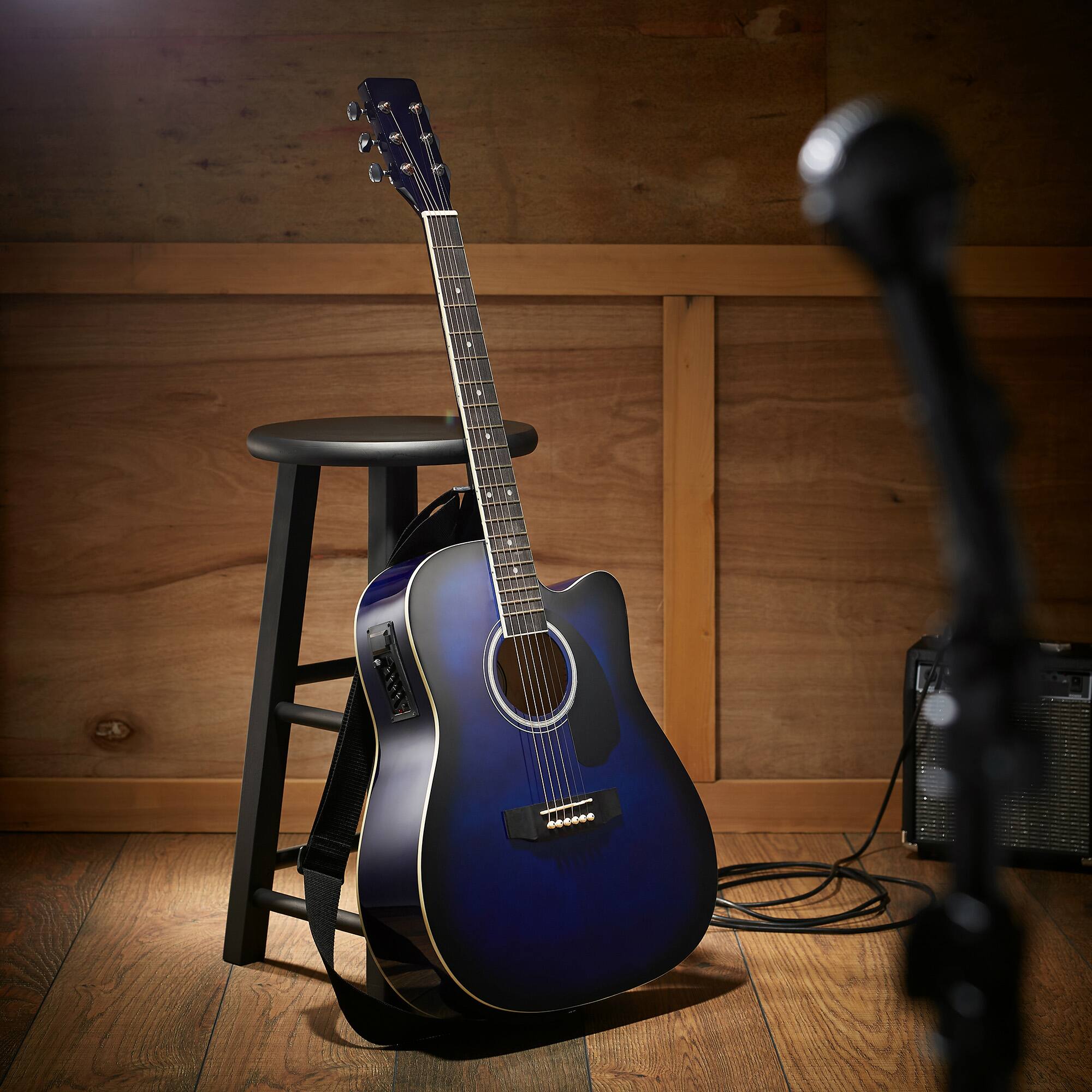 Alt View 1. Ashthorpe - Full-Size Dreadnought Cutaway Acoustic-Electric Guitar Bundle - Blue.