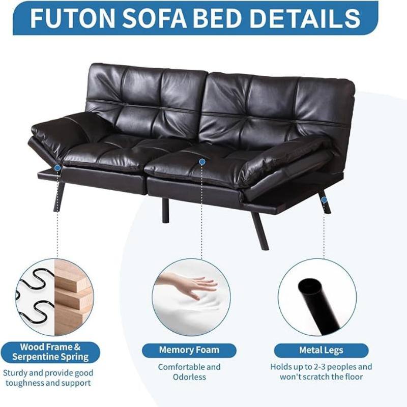 FUTON SOFA BED DETAILS

- Wood Frame & Serpentine Spring: Sturdy and provide good toughness and support
- Memory Foam: Comfortable and Odorless
- Metal Legs: Holds up to 2-3 people and won't scratch the floor