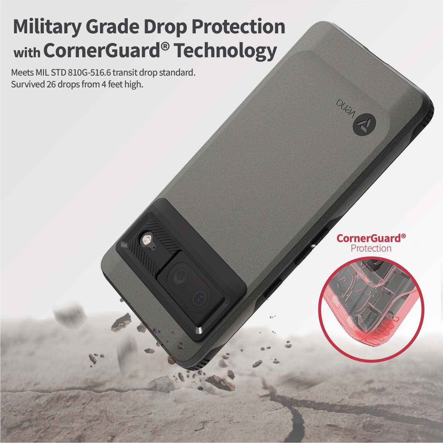 Military Grade Drop Protection with CornerGuard Technology. Meets MIL STD 810G-516.6 transit drop standard. Survived 26 drops from 4 feet high. CornerGuard Protection.