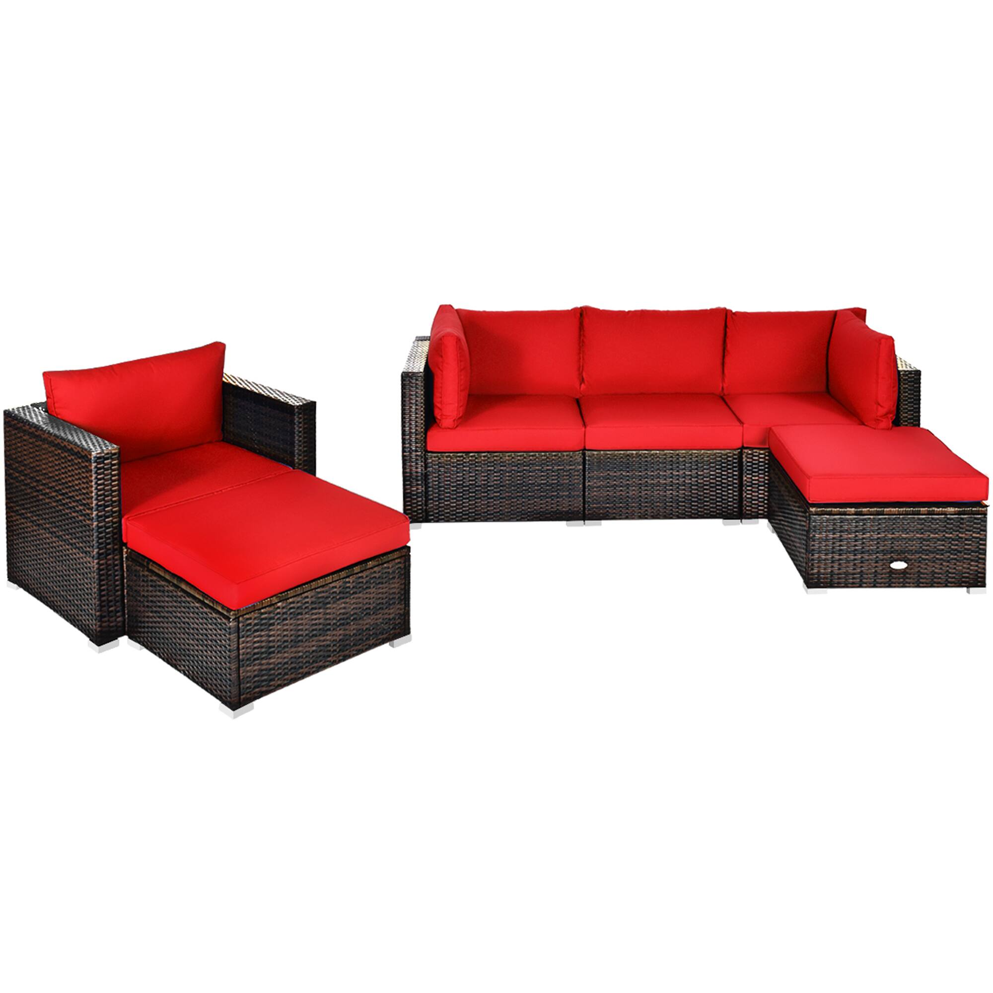Alt View 3. Gymax - Gymax 6PCS Patio Conversation Set Rattan Sectional Furniture Set w/ Red Cushions - Red.